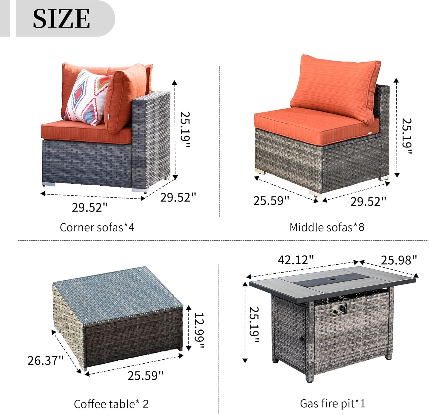 HOOOWOOO Outdoor Patio Furniture Set,15 Pieces Outdoor Sectional Furniture,Wicker Patio Conversation Sets with Fire Pit Tables,Weather Resistant Outside Out Door Modular Furniture,Orange Red