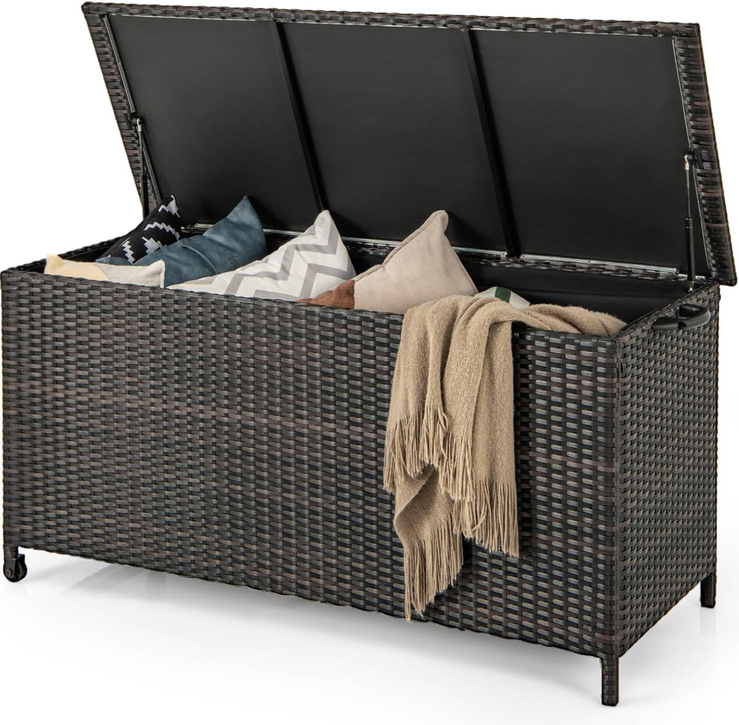 TANGZON 320L Garden Deck Box, Patio Cabinet Container with Polyester Liner, Universal Wheels & Gas Strut, Indoor Outdoor Storage Box for Pillows, Cushions & Tools (with Regularly-Woven Rattan, Brown)