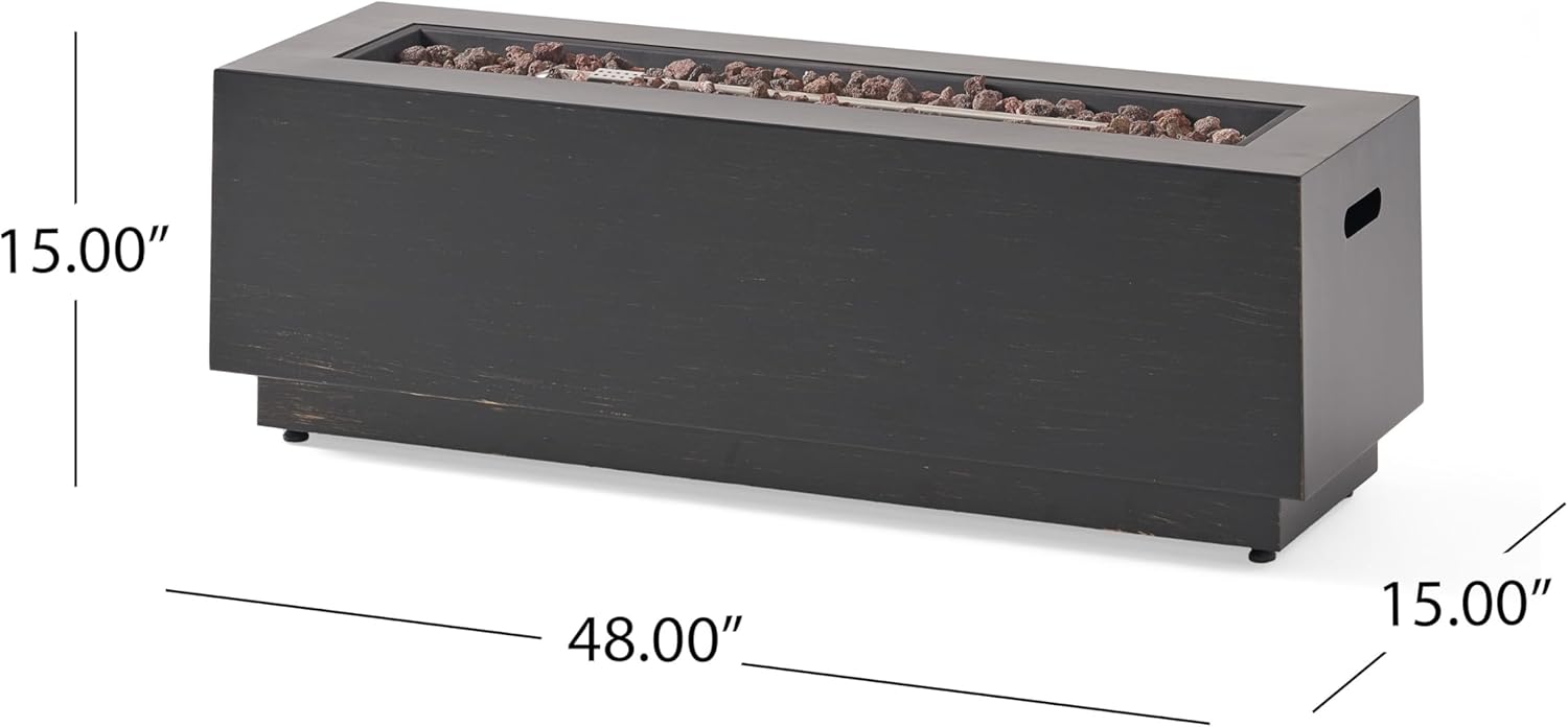 Benjara Outdoor Fire Pit, Dark Brown, Gold Iron Frame Rectangular 48 Inch