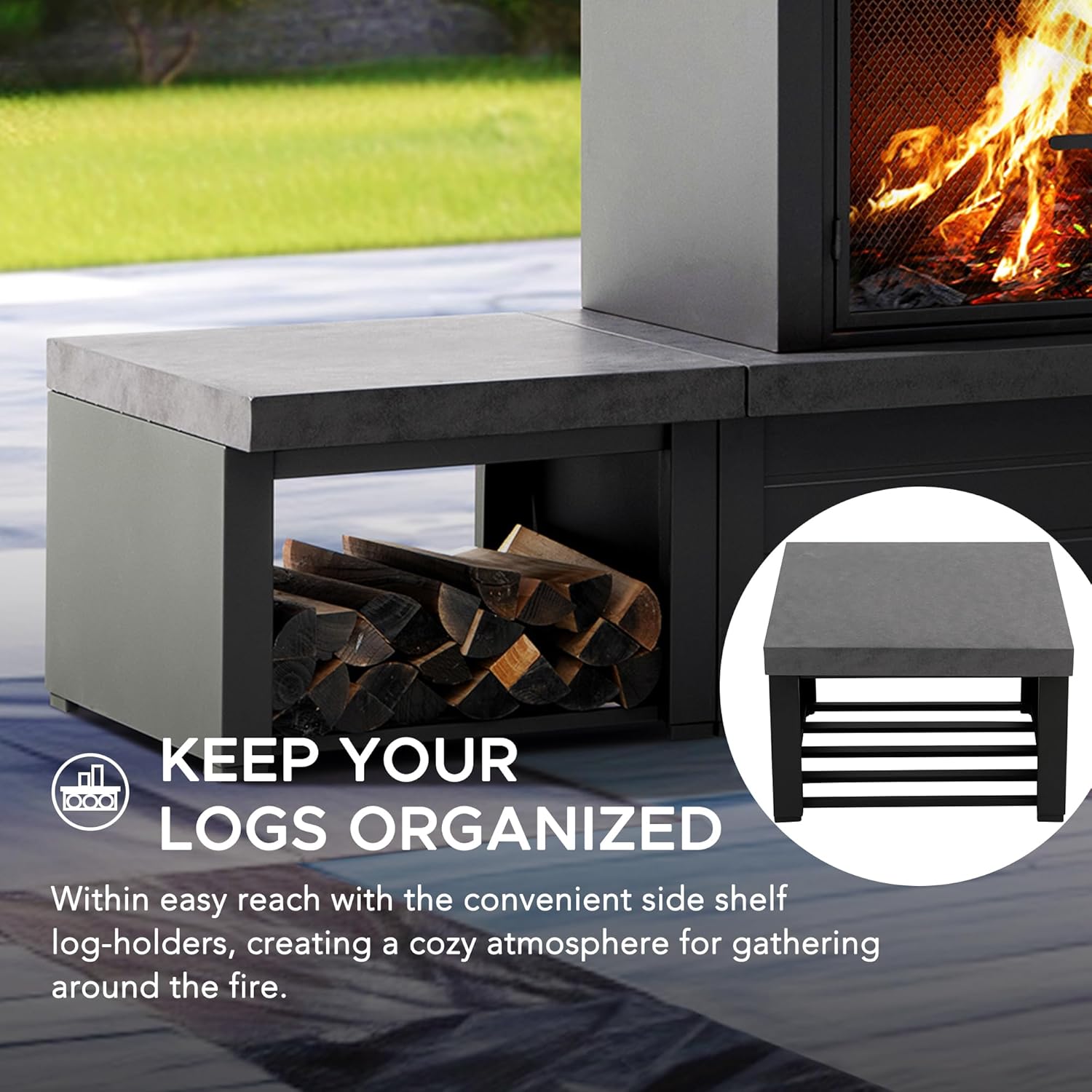 SUNJOY Outdoor Fireplace with Wood Storage and Chimney, Steel Wood Burning Firepit with Mesh Spark Screen Door, Fire Poker, Fireplace Tool & PVC Cover, for Patio Garden Deck Backyard, Black/Dark Gray