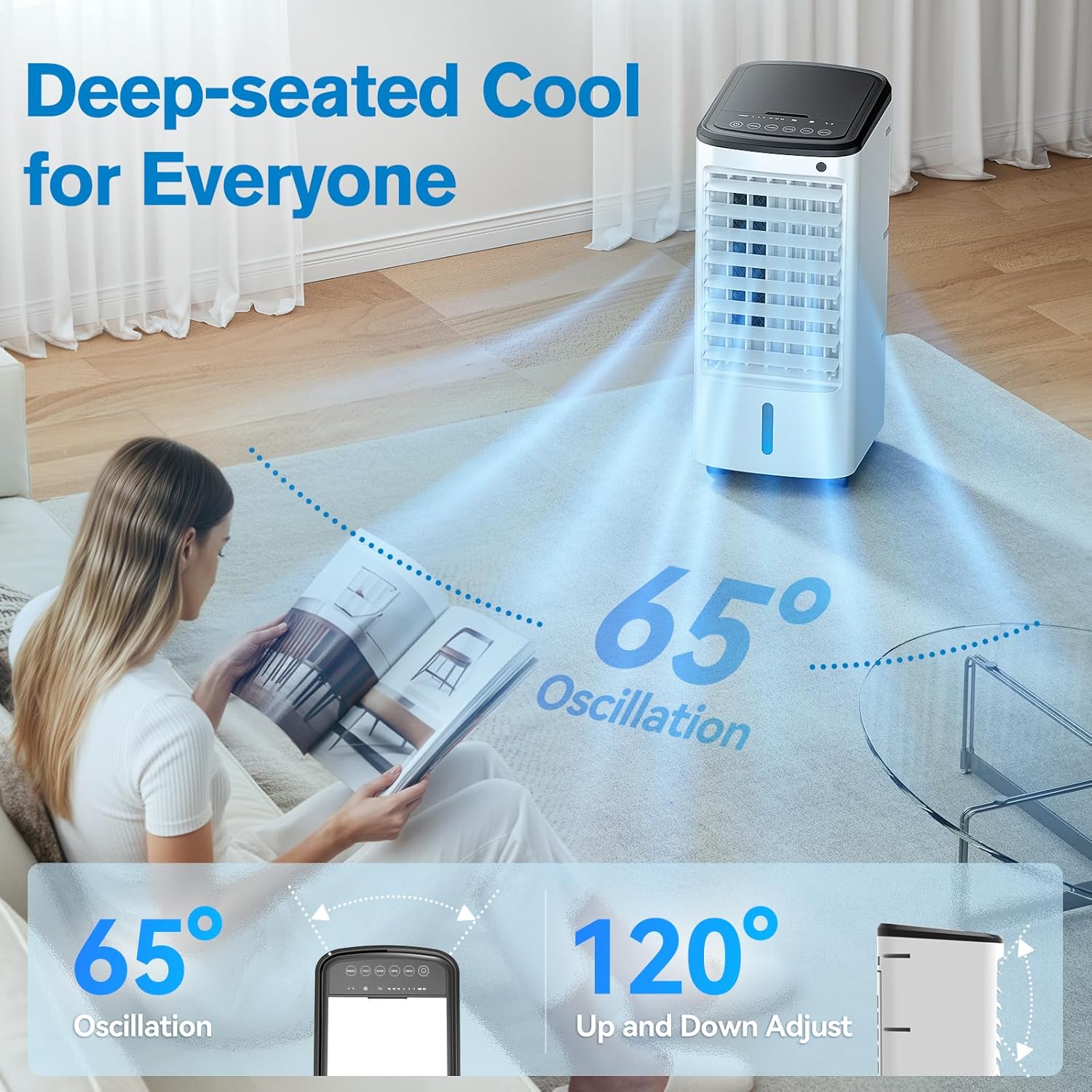 Windowless Portable Air Conditioners with Remote, Ventless Ac Unit Ductless Air Cooler, Hoseless Quiet Evaporative Oscillating Swamp Cooler, 6 Ice Box for Bedroom Indoor Outdoor Office Room