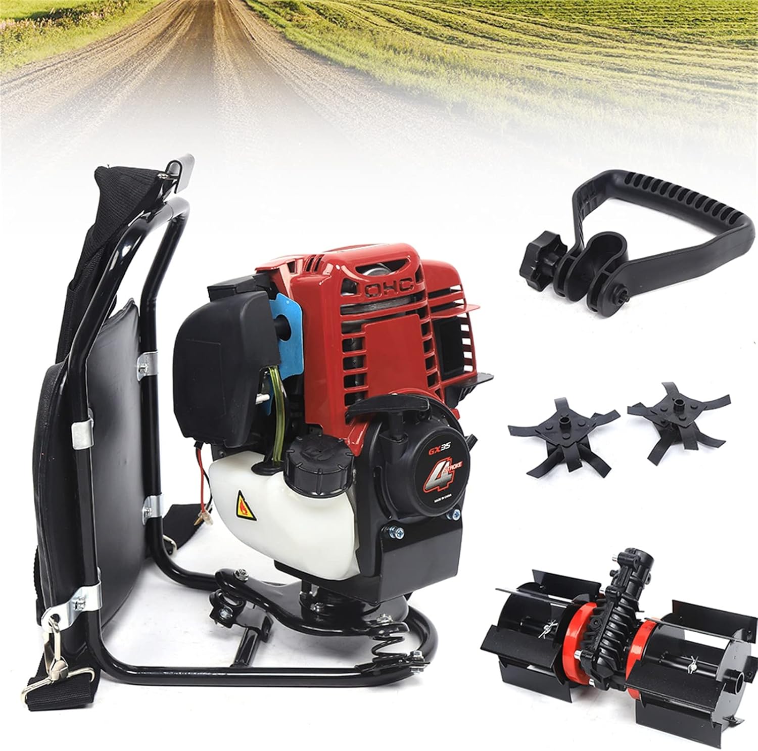 35.4CC 4-Stroke Grass Trimmer, 1000W 3 in 1 Brush Cutter Gas Powered Backpack Lawn Mower Gasoline Weed Eater Garden Rototiller for Yard Farmland Weeding, Scarifying and Cutting