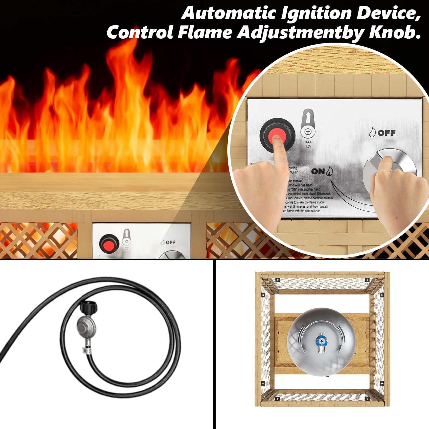 LYNSLIM Outdoor Fire Pit Table with Tank Table, CSA Certifed 60,000 BTU Stainless Steel Burner, Rattan Rectangular Propane Patio Firepit Table for Outside with Exterior, Porch, Backyard or Garden