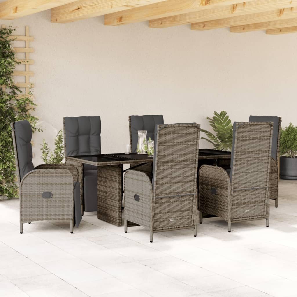 7 Piece Patio Dining Set with Cushions Gray Poly Rattan,Versatile Outdoor Dining Set with Adjustable Backrest and Comfortable Cushions Patio Furniture Sets, Outdoor Furniture Sets
