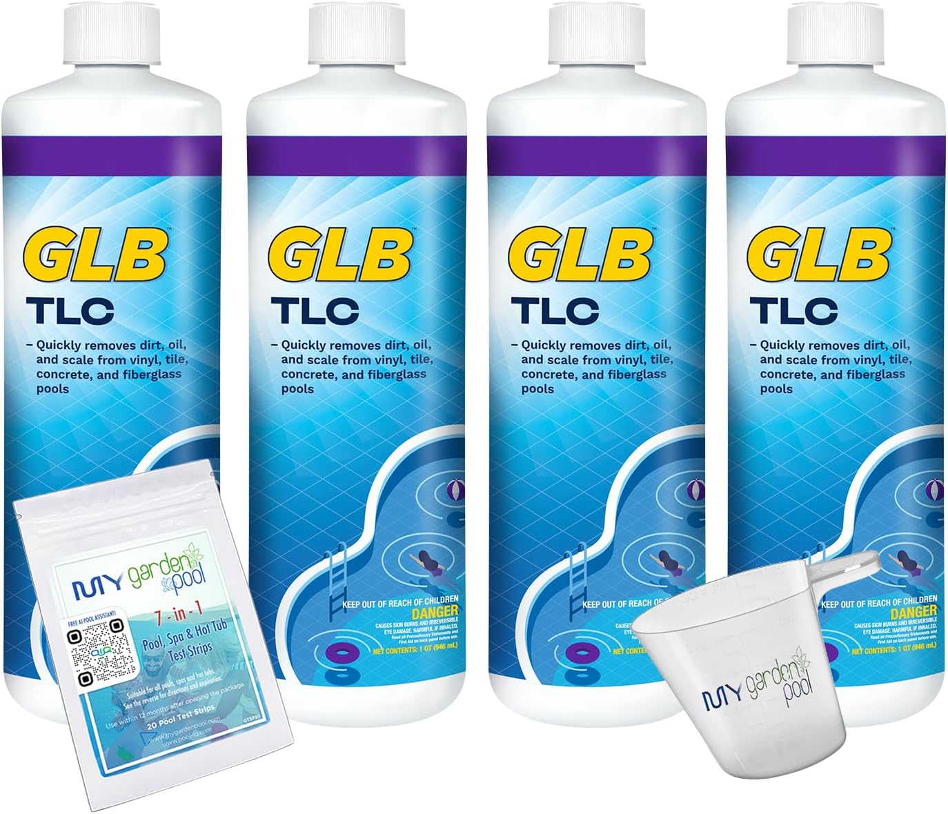 GLB TLC Surface Cleaner 32oz (71028A) 4-Pack with My Garden Pool 7-in-1 Test Strips & Measuring Cup – Restores Shine, Removes Residue & Film