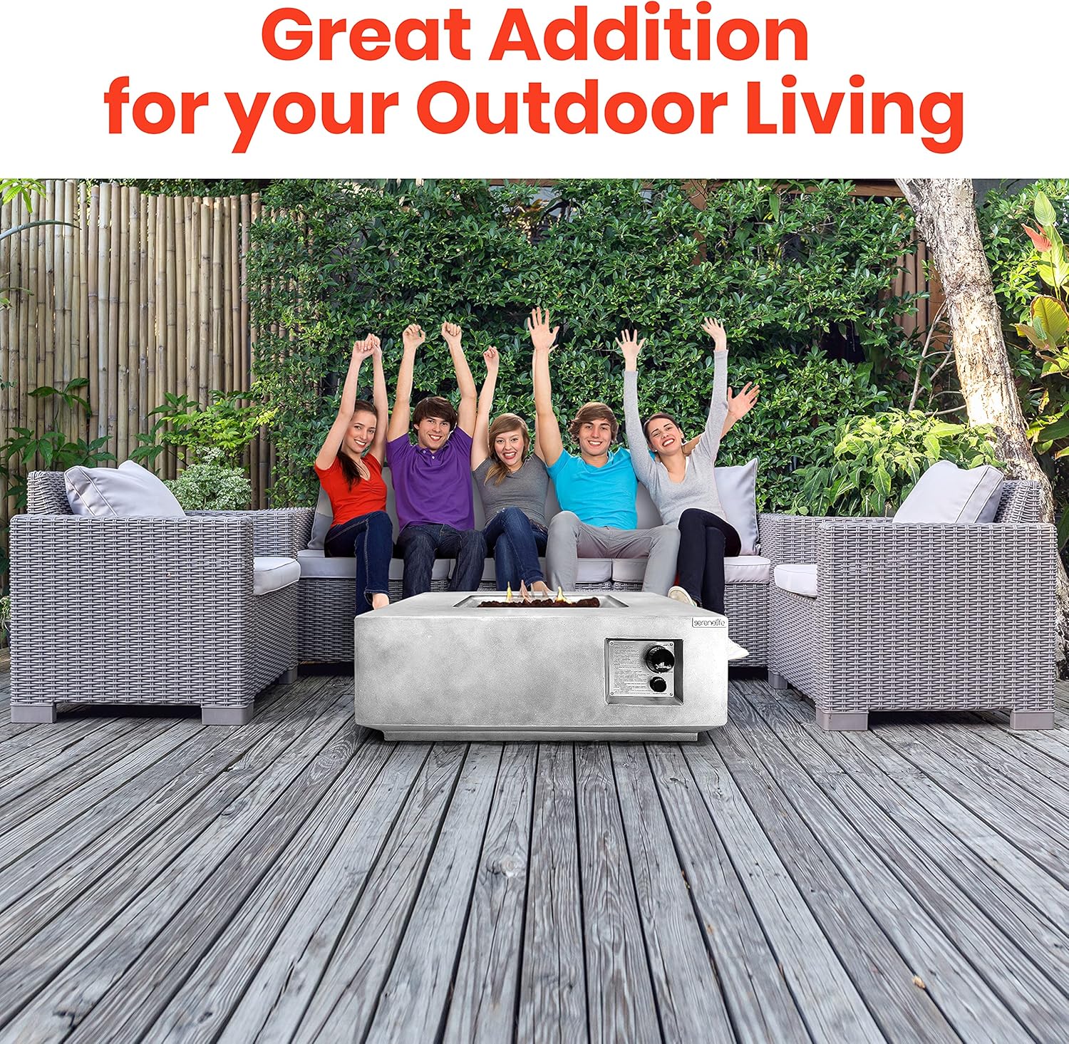 SereneLife Outdoor Propane Fire Pit Table - CSA/ETL Certified Safe 40,000 Pulse Ignition Weatherproof Square Propane Gas Fire Table - Adjustable Flame, Thermocouple - PVC Cover, Lava Rock - SereneLife