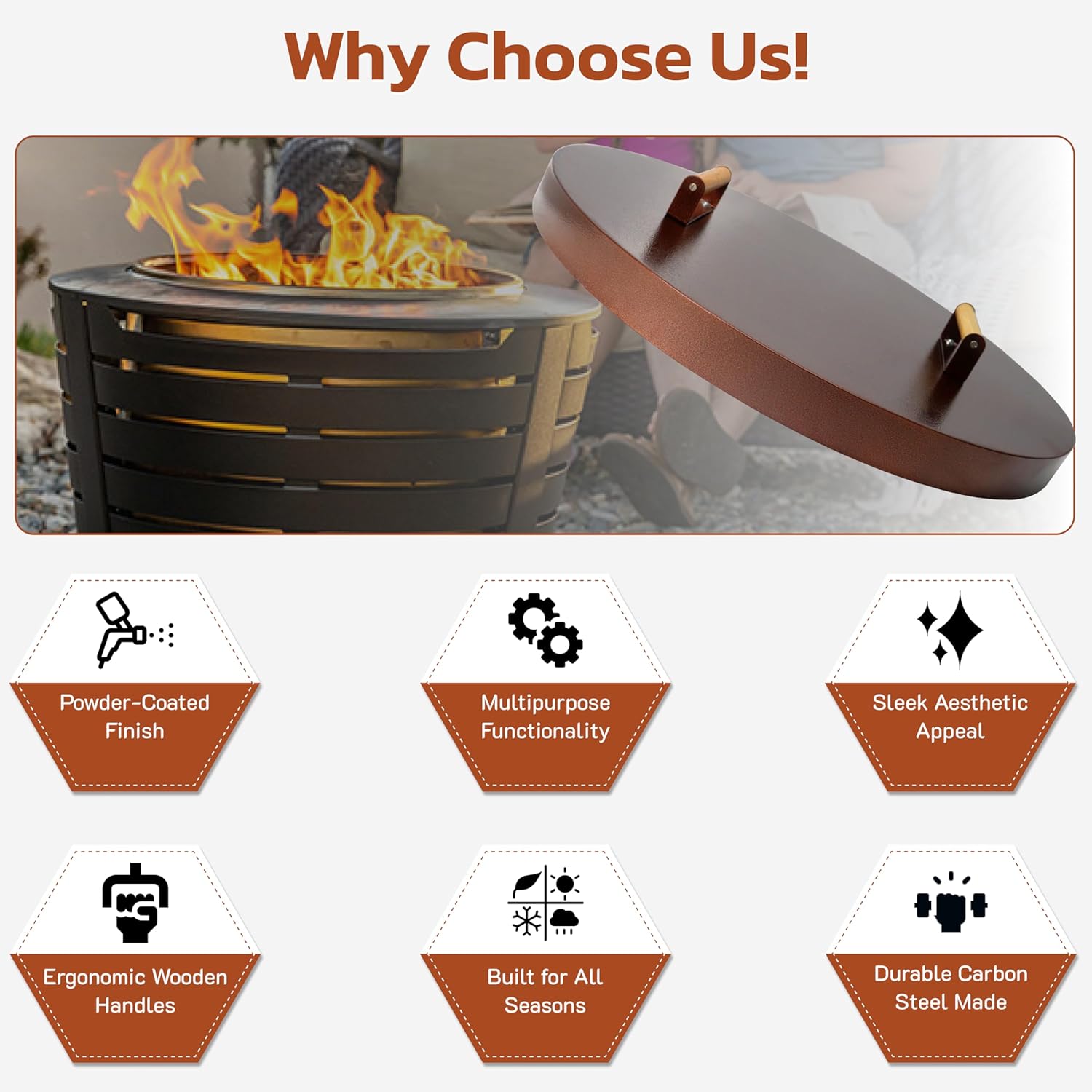 25.5” firepit lid round for inside up to 23” gas fire pit lid for Outdoor Fireplace Cover Lid Steel fire pit metal cover W/ Wooden Handle & Bronze Coated Snuffer Lid for Round Patio Fire Pit Ring