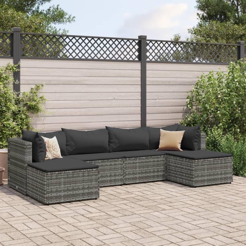6 Piece Patio Lounge Set with Cushions Gray Poly Rattan,Outdoor Patio Furniture Set with PE Rattan and PowderCoated Steel Frame for Durability and Comfort Patio Furniture Sets, Outdoor Furniture Sets