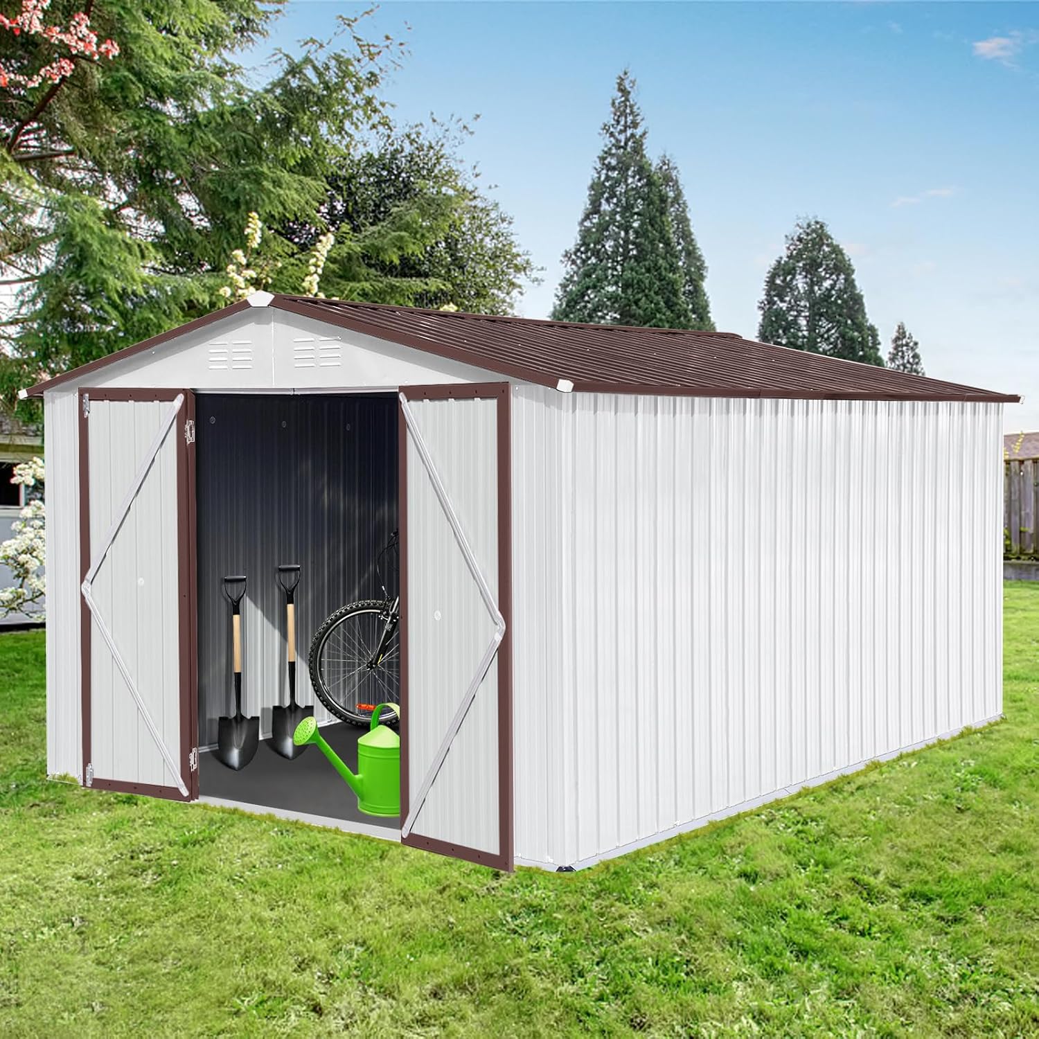10x12 ft Outdoor Metal Storage Shed, Aluminum Frame and Galvanized Steel Plate Tool Shed with Lockable Door, Air Vent, Waterproof Garden Storage House for Backyard (Brown/White)