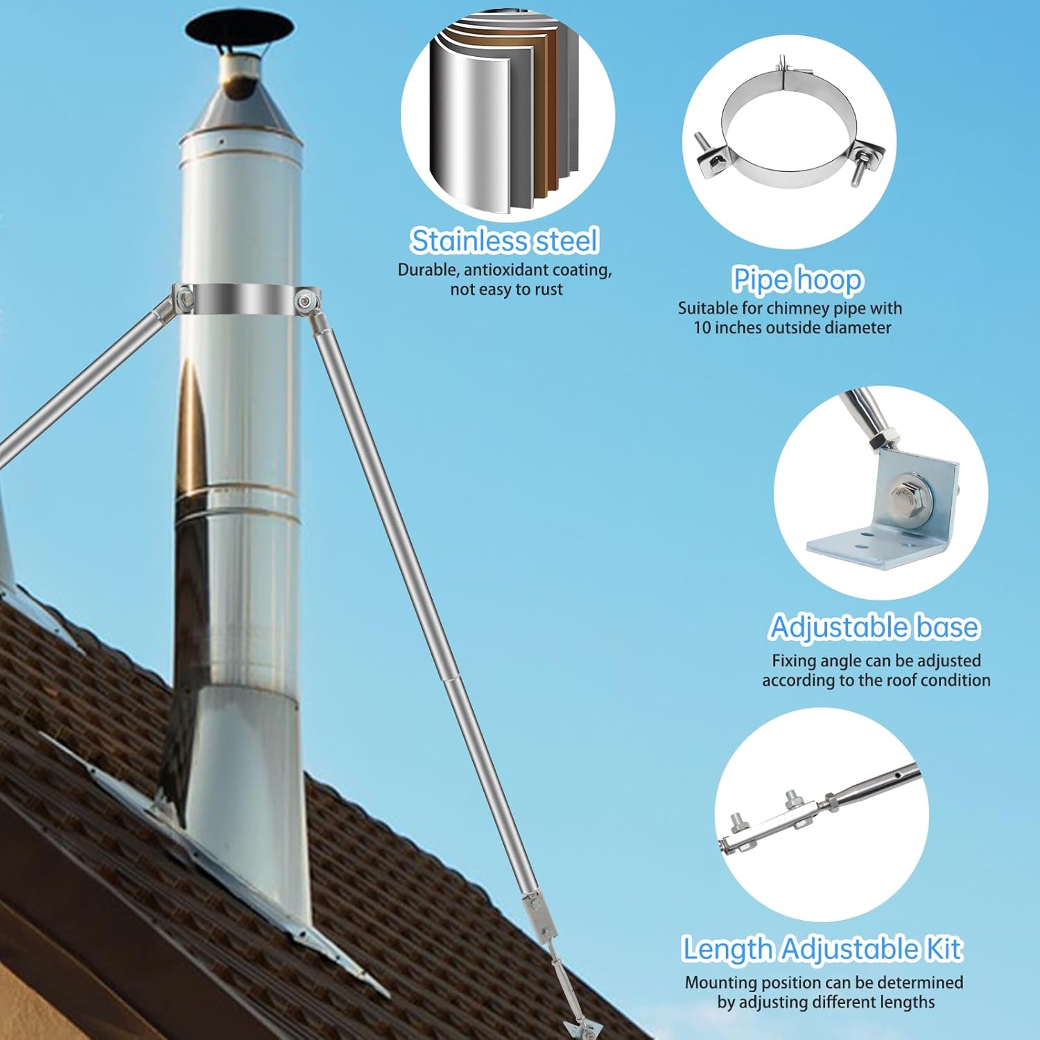10” Stainless Steel Adjustable Extended Chimney Roof Support Kit - Heavy-Duty Windproof & Snow-Stable Stove Pipe System for Enhanced Chimney Safety