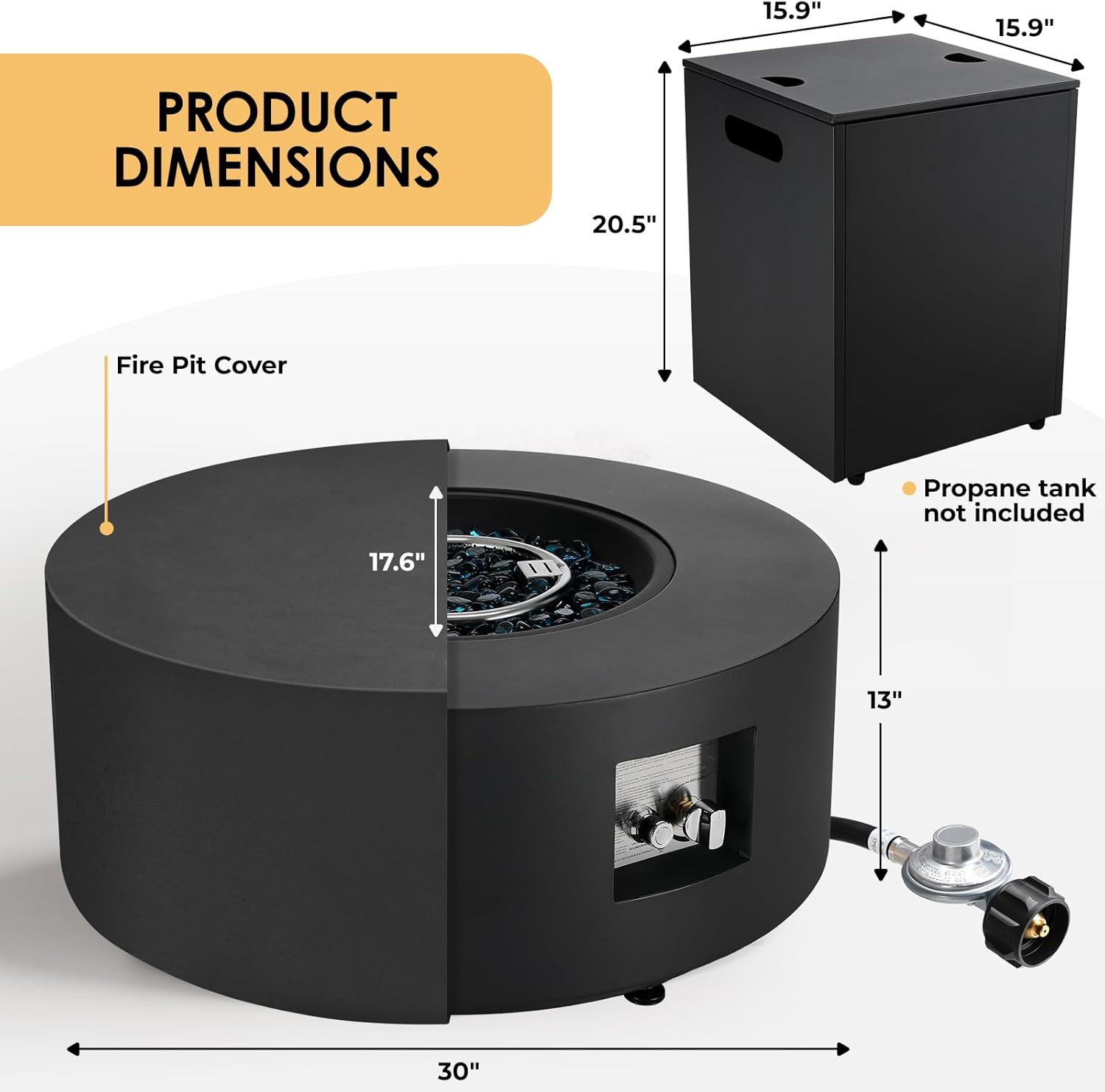 TLGREEN 30in Outdoor Propane Fire Pit Table,2 in 1 Round Gas Fire Pit Table with Tank,50,000 BTU,Rain Cover,304 Stainless Burner,Blue Glass,for Outside,Patio,Deck,Backyard,Garden,Pool,Dark Grey