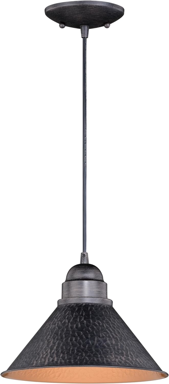 VAXCEL Outland Rustic Farmhouse 1-Light Barn Dome Pendant Light Fixture for Porch or Patio, Indoor/Outdoor Hammered Steel Hanging Ceiling Porch Light, Aged Black, 10