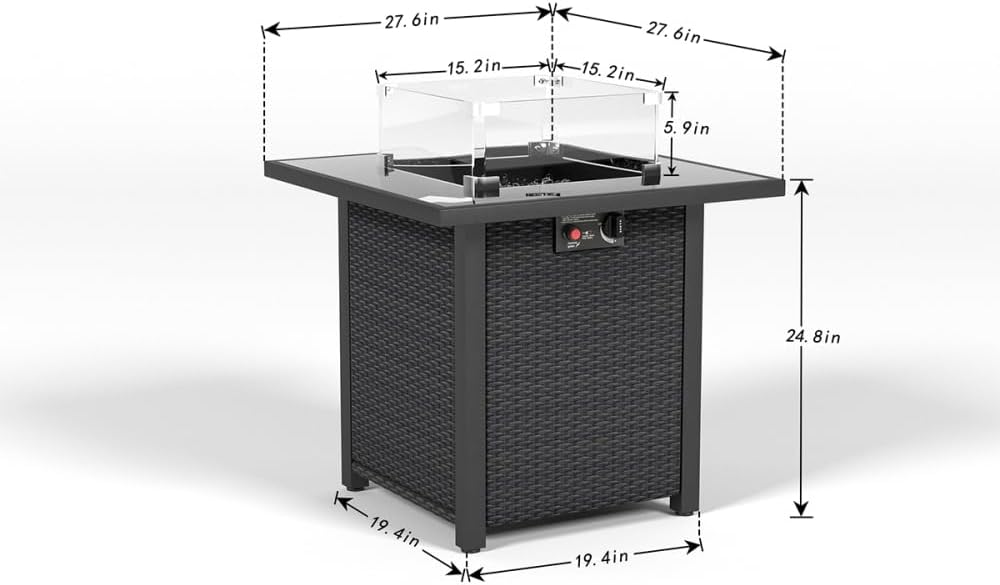 28 Inch Propane Fire Pit Table, Rattan & Wicker-Look, 50000 BTU Gas Firepits Tempered Glass Tabletop with Glass Windscreen Protector for Outside Patio and Garden(Coffee)