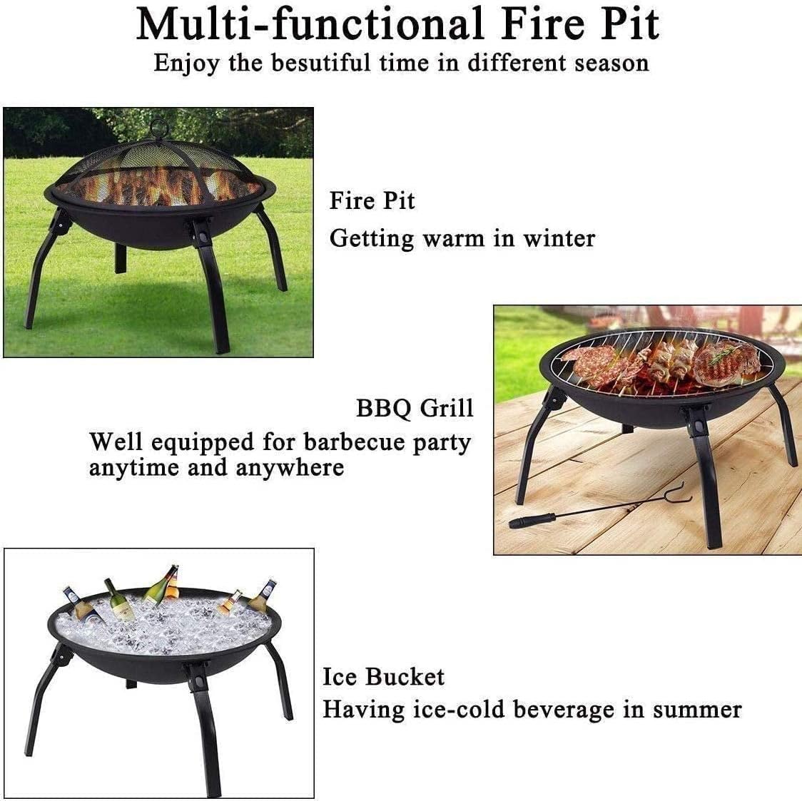 Outdoor Brazier, Portable Outdoor Fire Pit, Outdoor Patio Steel Fire Pit Bowl BBQ Grill for Backyard, Camping, Picnic, Bonfire, Black