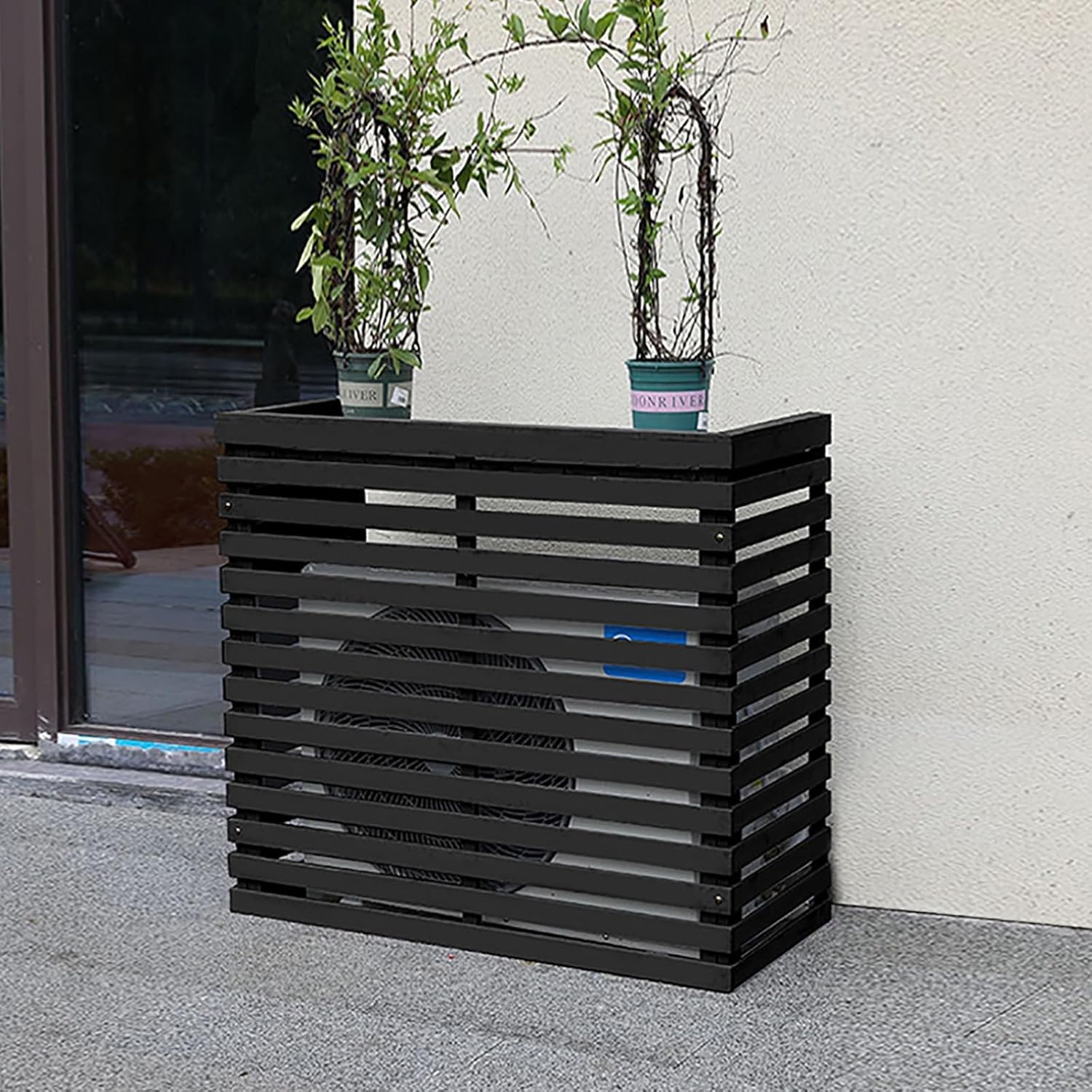 Air Conditioner Fence Screen Outdoor, Wooden Split AC Cover for Outside Units, Shelf Plant Stand for Outdoor, Garden (Color : Black, Size : 105x95x45cm)
