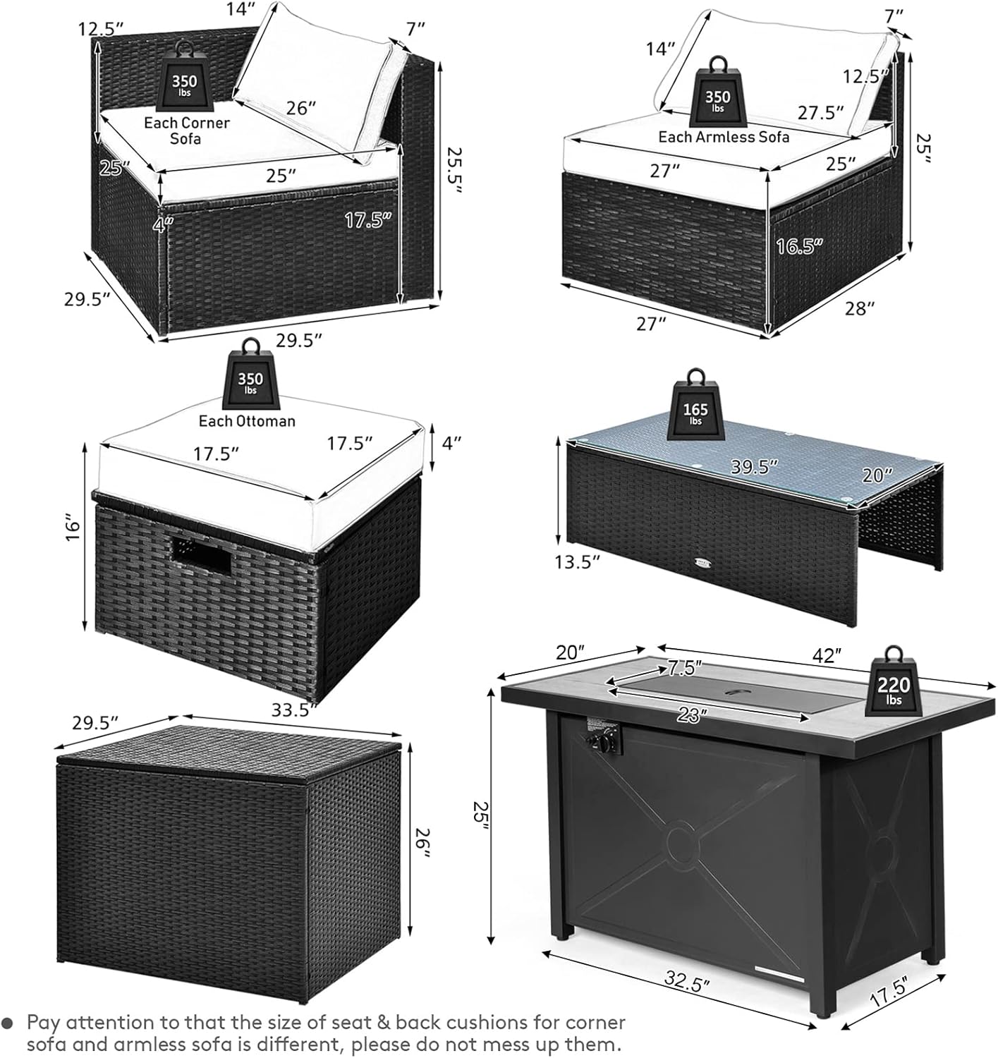 Tangkula 9 Pieces Outdoor Wicker Sectional Sofa with 42” 60,000 BTU Gas Fire Pit Table, Space-Saving Patio Conversation Set with Storage Box, Propane Fire Table, Waterproof Cover Included (Off White)