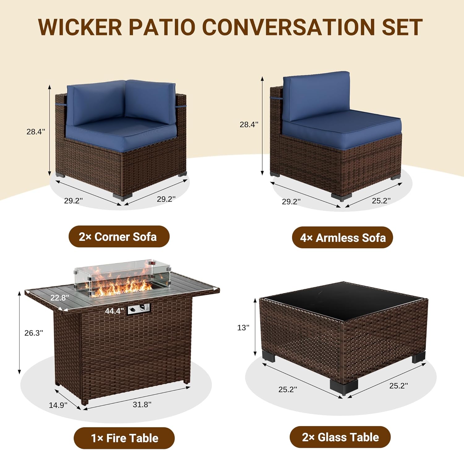 Patio Furniture Set with 44'' Propane Gas Firepit Table, 8 PCS Outdoor Sectional Conversation Sets with High Back, Navy Blue (Waterproof Cover Included)