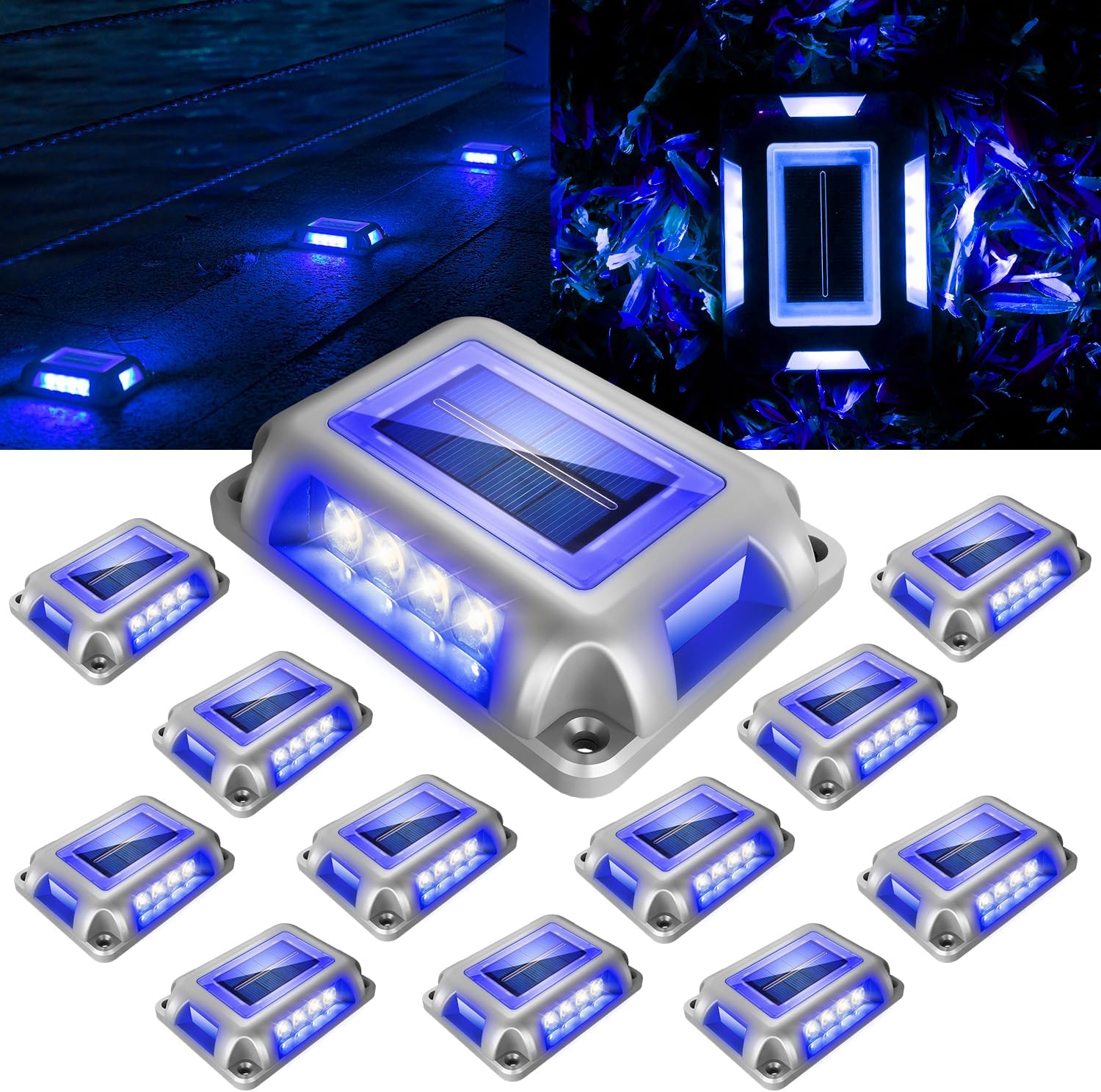 T-SUN Solar Deck Lights, Waterproof 1200mAh Driveway Lights Solar Powered Outdoor 12 LED Aluminum Driveway Dock Lighting Step Lights for Sidewalk Garden Pathway Stair Ground Yard -12 Pack