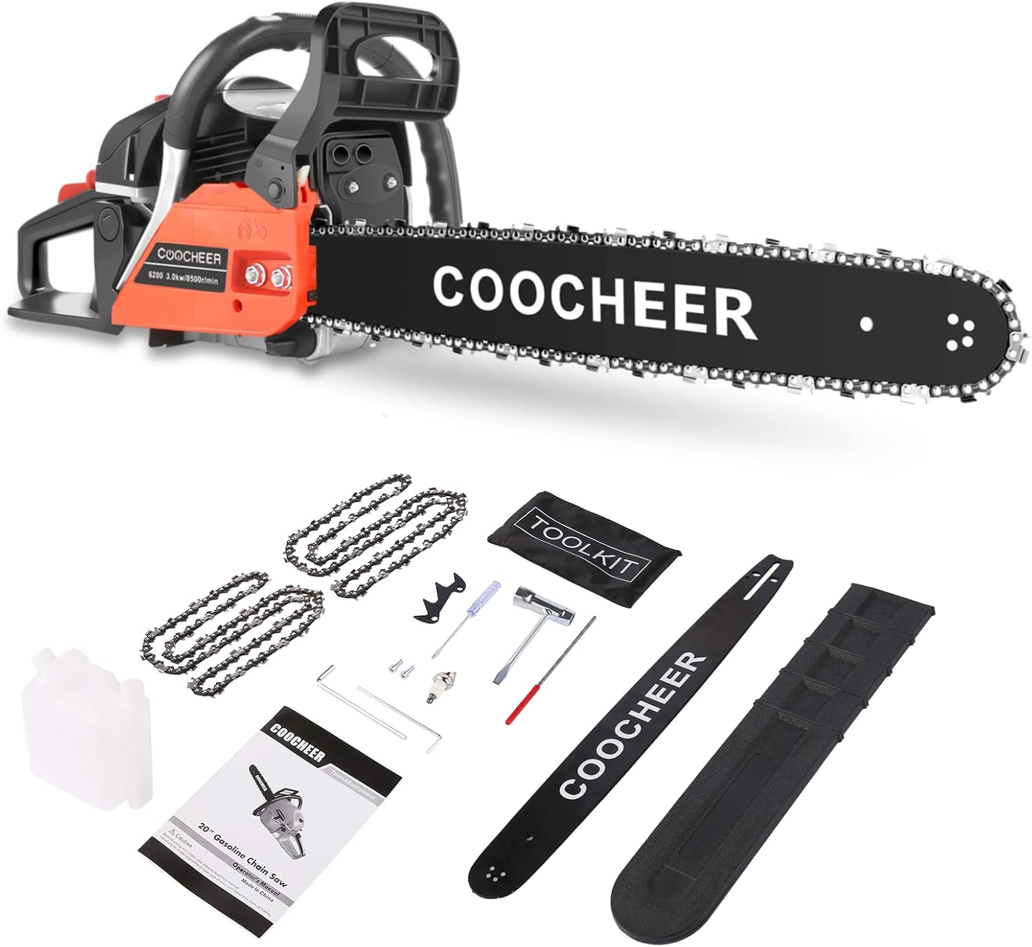 COOCHEER 20 Inch Gas Chainsaw, 62cc Gas Powered Chainsaws 3.5HP 2-Cycle Petrol Handheld Gasoline Chain Saw for Tree Wood Cutting, 2 Chains Included