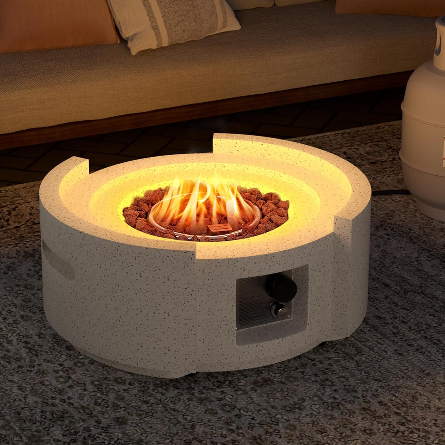 SUNBURY Outdoor Propane Fire Pit Table, 28 Inch Patio Gas Fire Table 50,000 BTU Modern Concrete Fire Pit for Outside in Spotted White w Glass Wind Guard, Lava Rocks