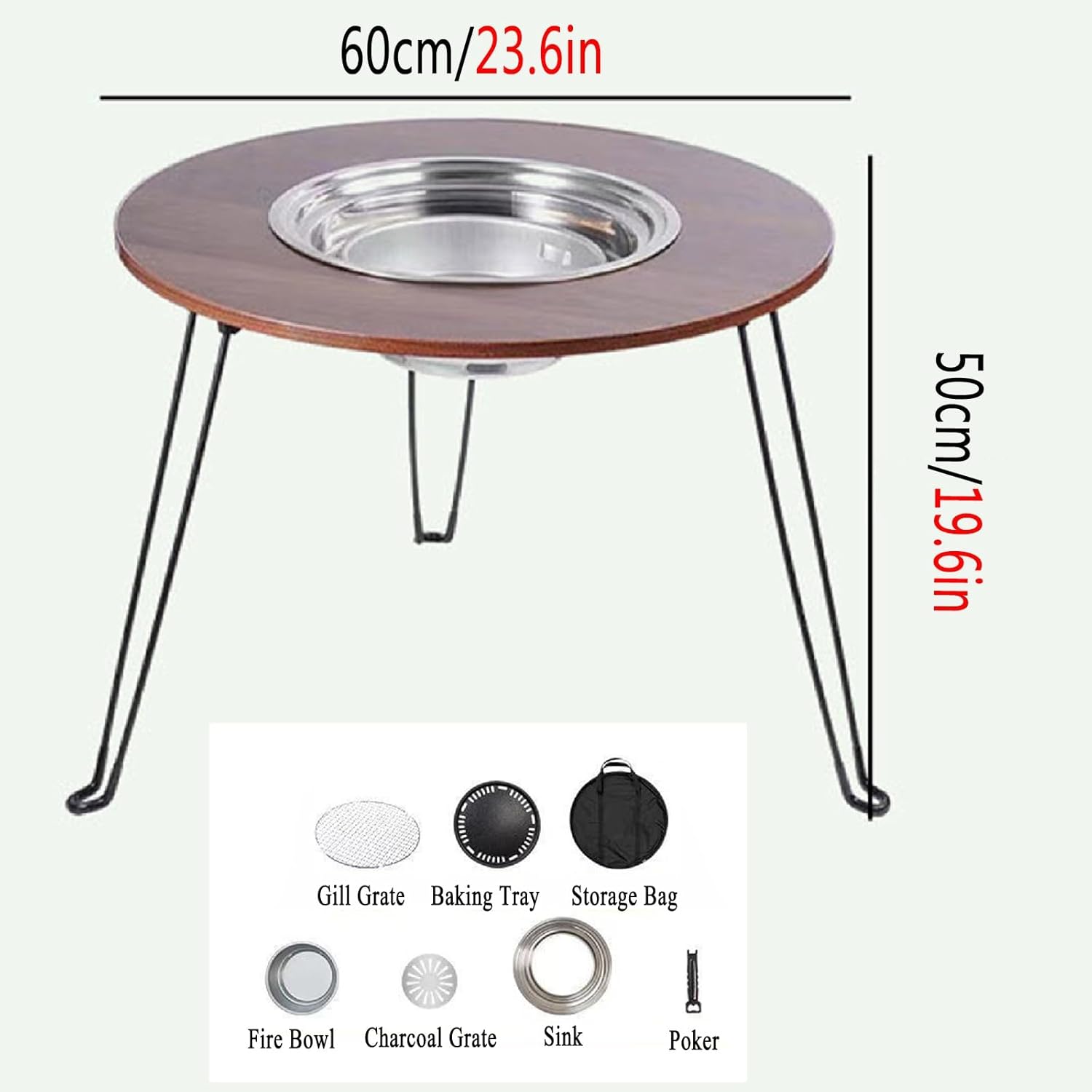 Small Outdoor Fire Pit Folding Table, Portable Fire Pit Wood Burning with Round Wood Tabletop, Lightweight Firepits for Outside Bonfire and Picnic