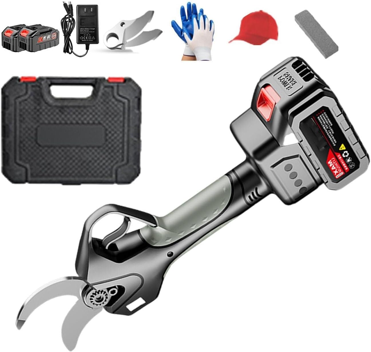 21V Electric Pruning Shears with LCD Display, 45mm Cutting Capacity, 2 Batteries, Charger, Sunhat, Gloves, and Accessories for Gardens Farms