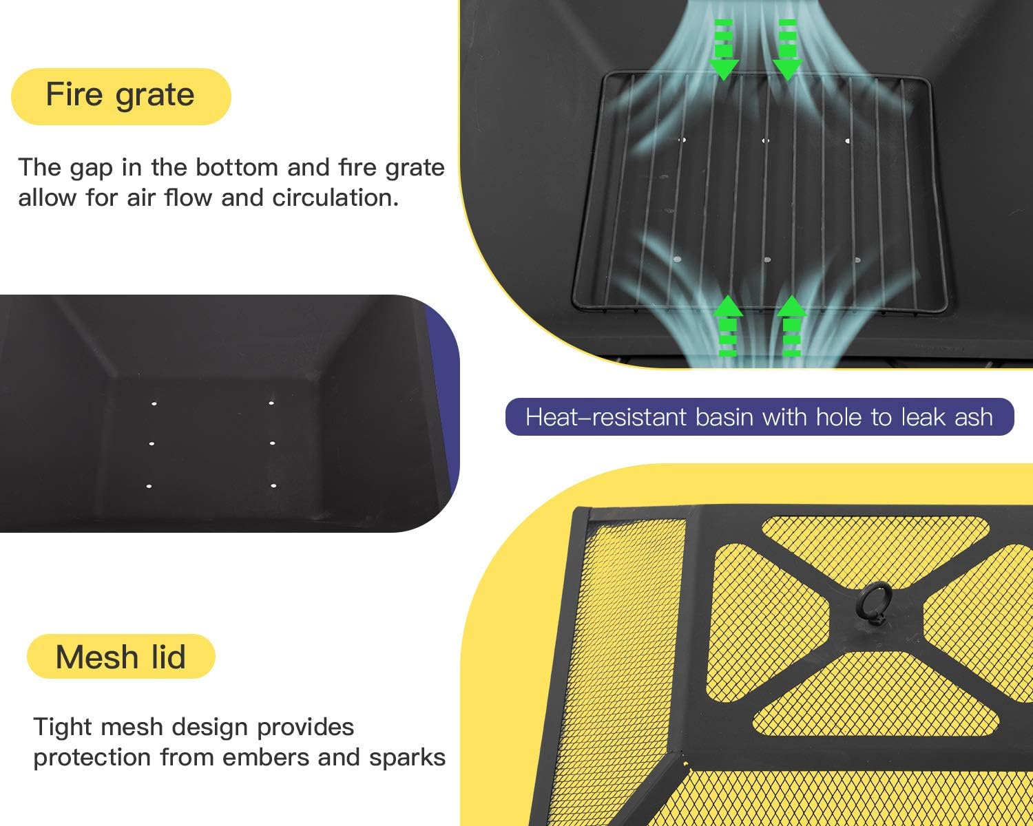 Outdoor Fire Pit 32 inch Square Metal Firepit for Patio Wood Burning Fireplace Garden Stove with Poker & Mesh Cover,Charcoal Rack for Camping Picnic Bonfire Backyard