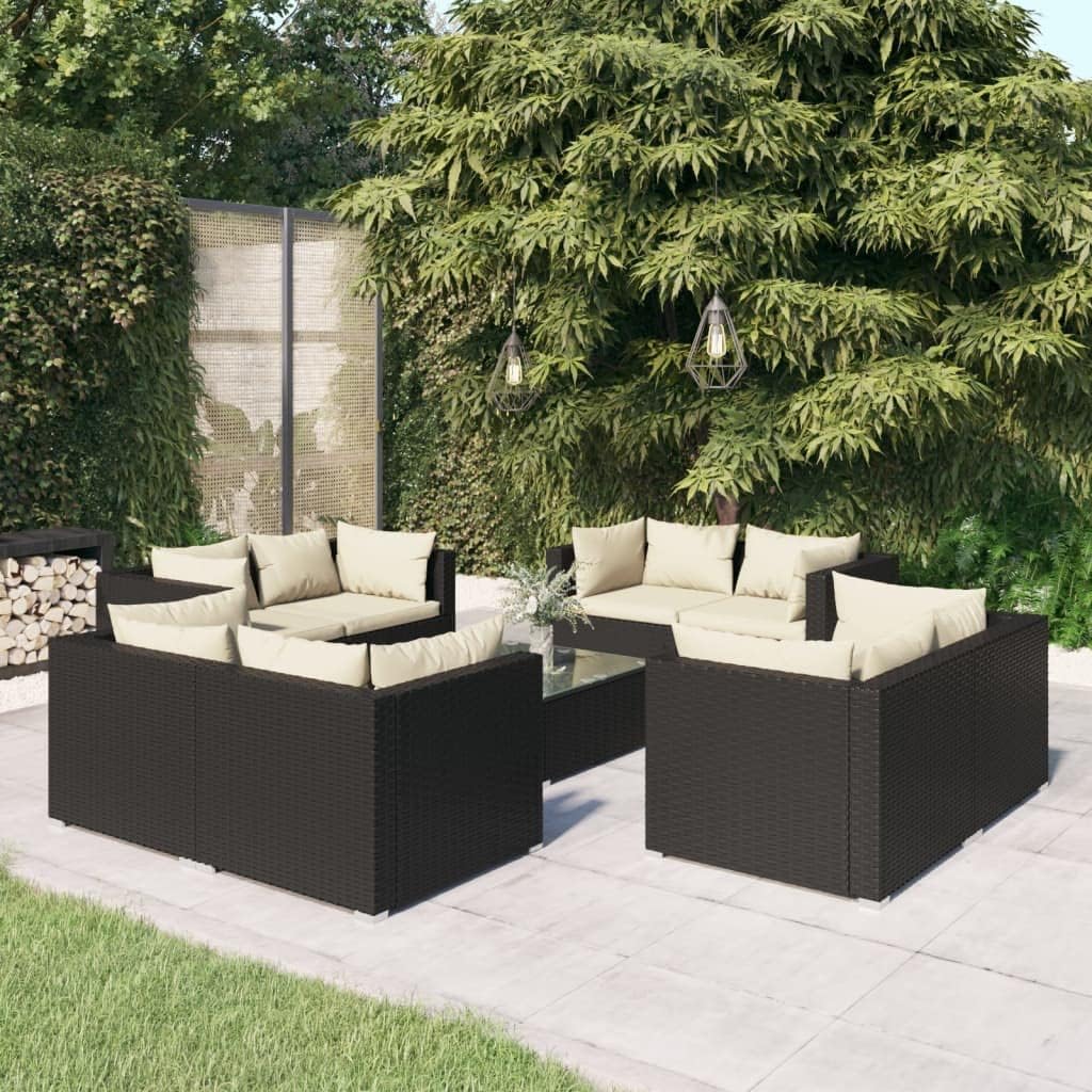 9 Piece Patio Lounge Set with Cushions Poly Rattan Black,Poly Rattan Patio Lounge Set with Cushions for Ultimate Relaxation Patio Furniture Sets, Outdoor Furniture Sets