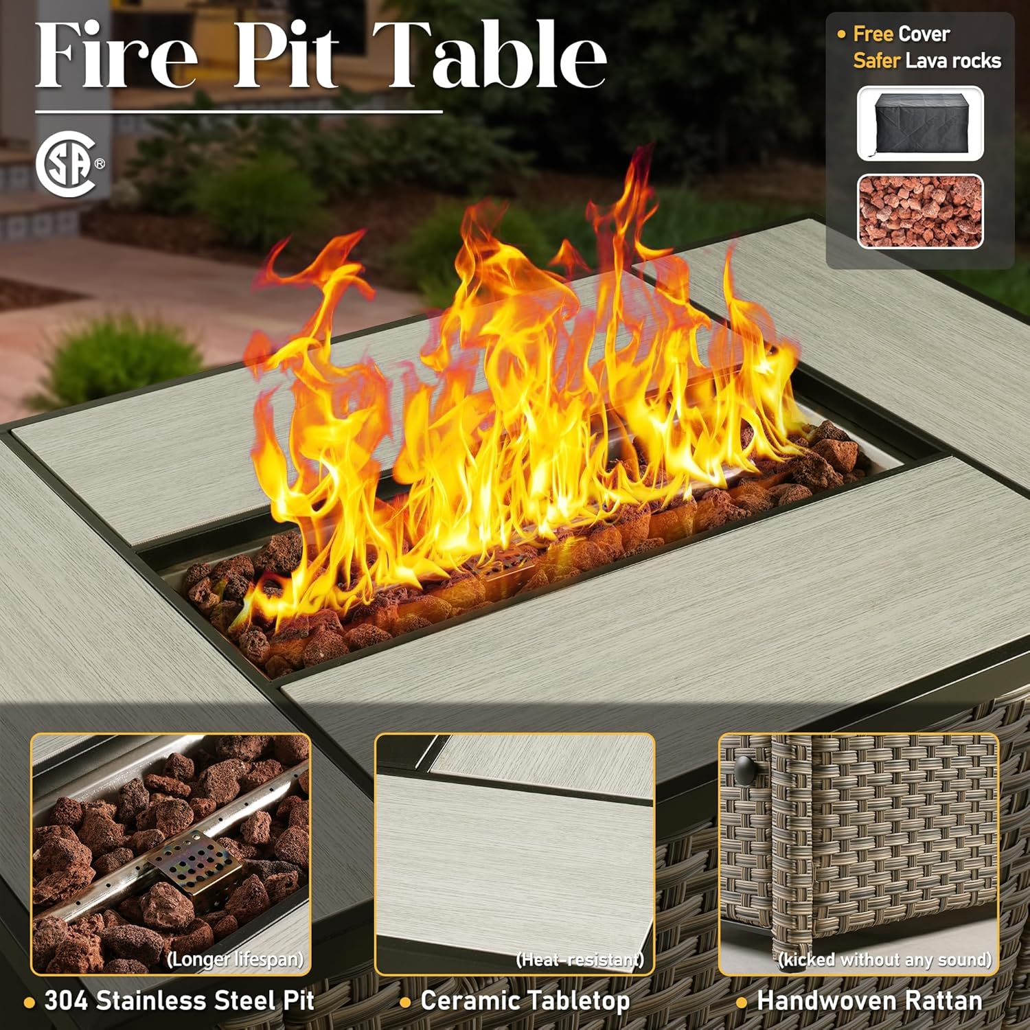 Patio Furniture Sets with Fire Pit Table,6 Pieces All Weather PE Wicker Conversation Sofa,Outdoor Furniture Grey Wicker Black Cushion