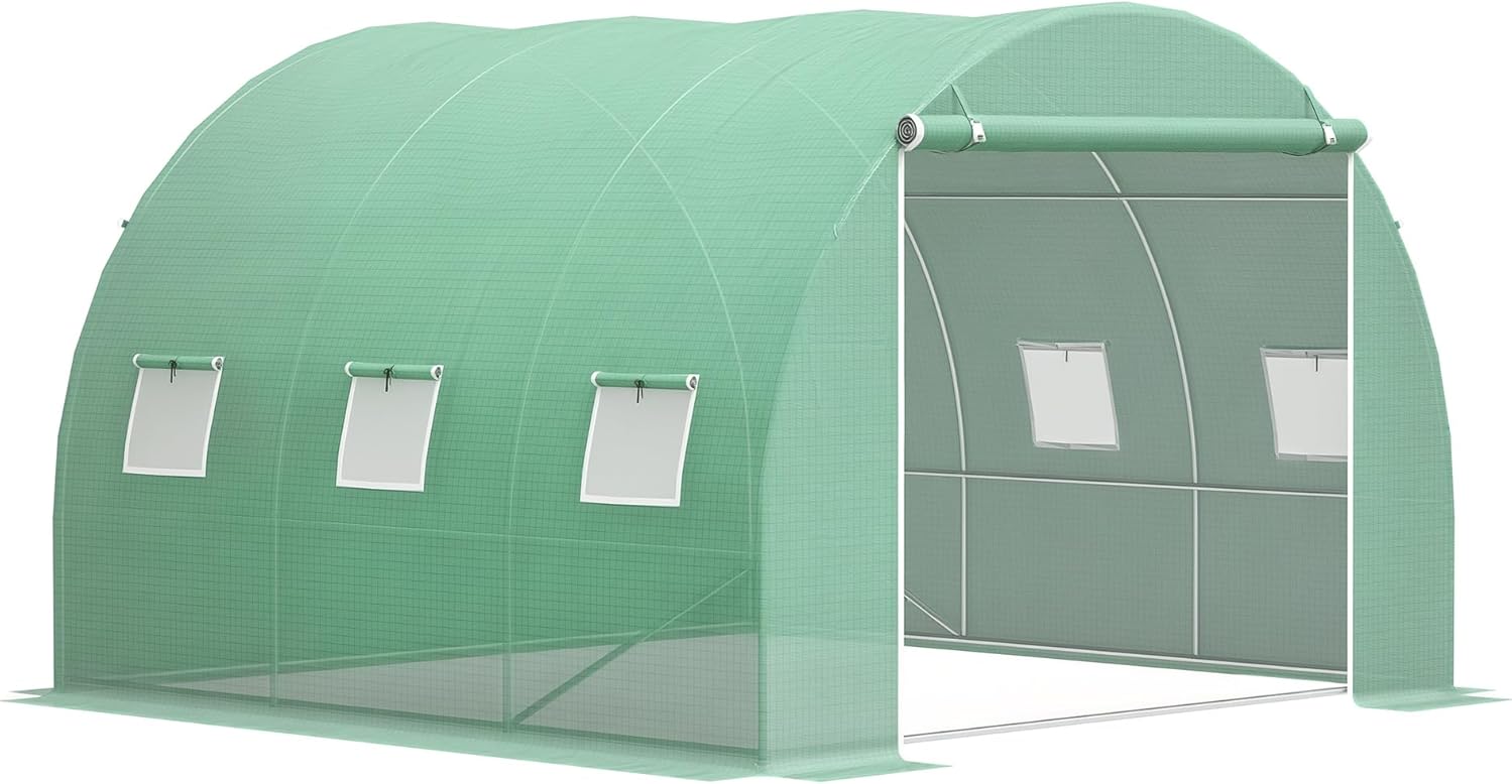 Outsunny 10' x 10' x 6.5' Walk-in Tunnel Hoop Greenhouse, Green House for Outside with PE Cover, Steel Frame, Roll-Up Zipper Door & Windows for Flowers, Vegetables, Tropical Plants, Green