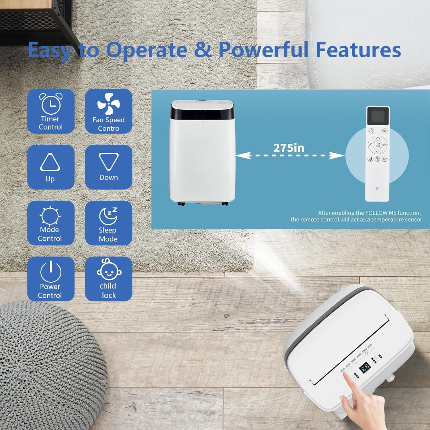 10,000 BTU Portable Air Conditioner with Remote Control - Quiet AC Unit for Cooling, Dehumidifier & Fan Modes, Ideal for Rooms up to 450 Sq. Ft,24-Hour Timer,White