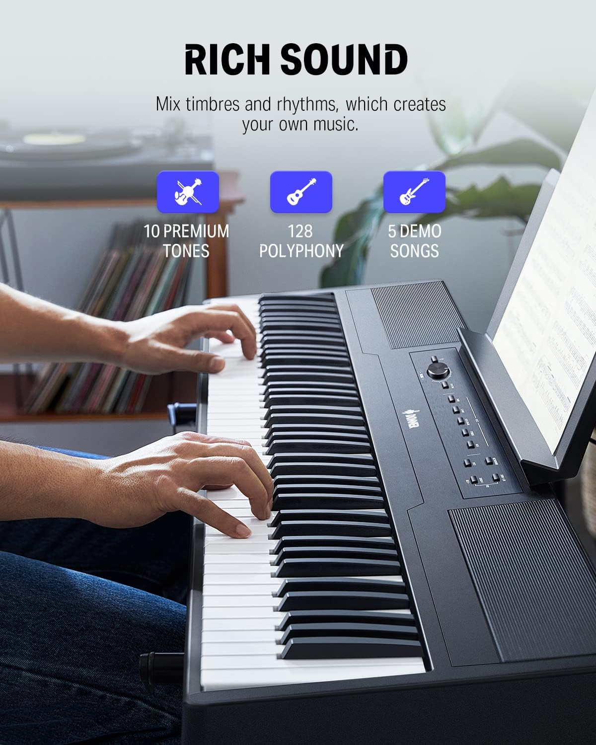 Digital Piano Ultrathin Donner DEP-45, Beginner Electric Piano Keyboard with 88 semi-weighted Keys, Full Size Portable Electronic Keyboard Piano with Stand, Sustain Pedal, Power Supply