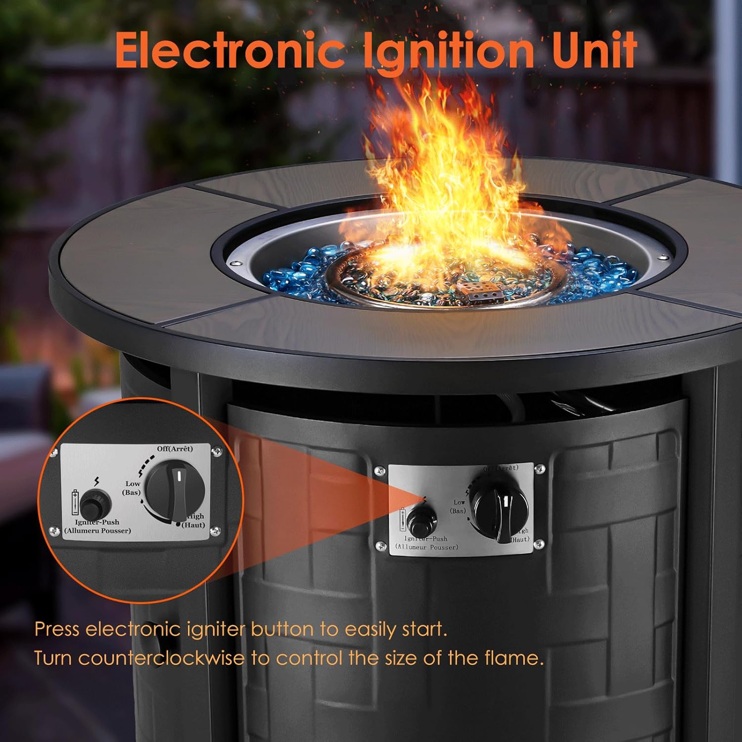 TLGREEN Propane Fire Pit Table 30in, 50,000 BTU Auto-Ignition Round Gas Fire Pit, Patio Furniture Outdoor and Indoor, Fire Table with Waterproof Cover, Blue Stone and Lid