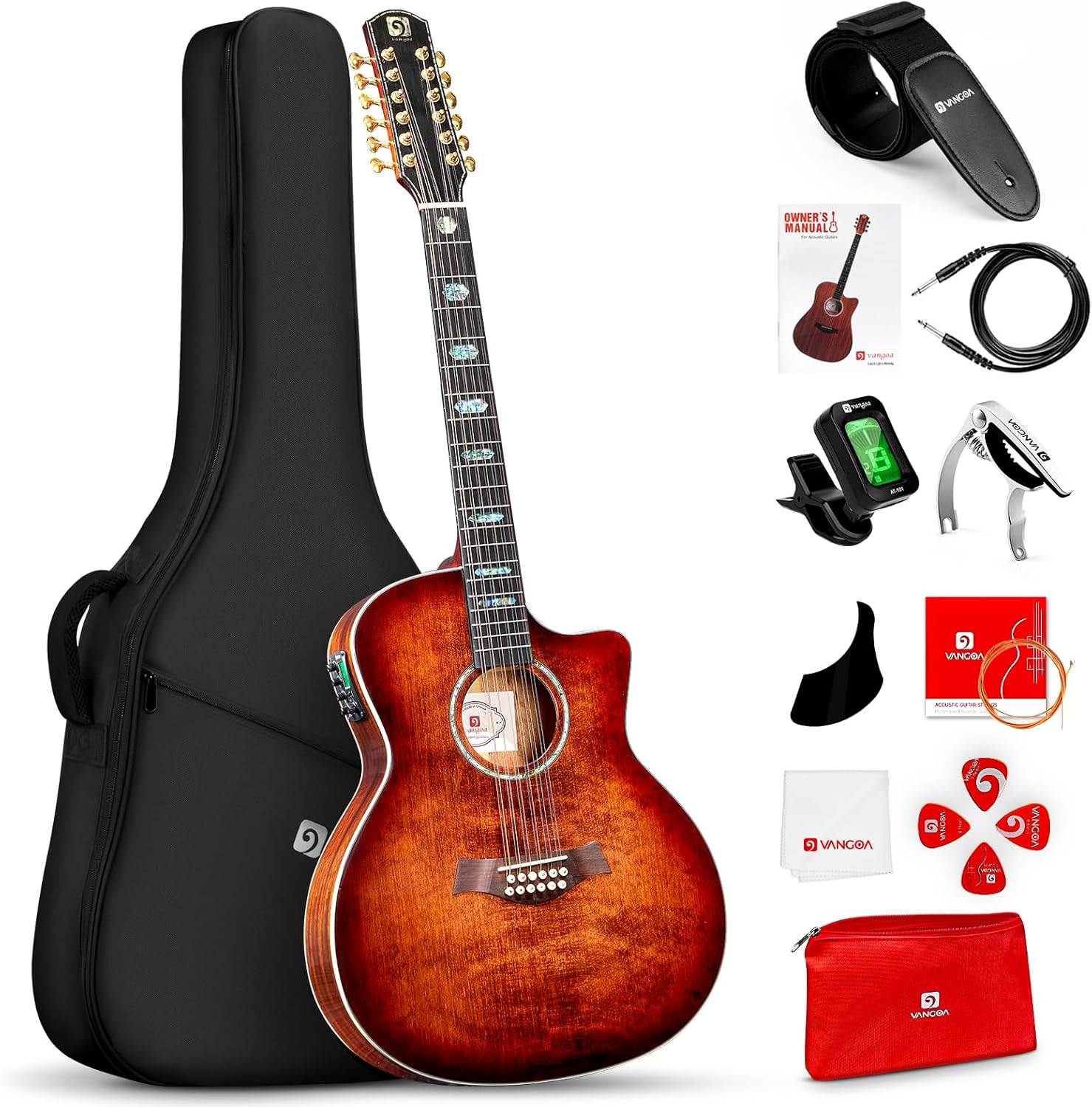 Vangoa 12 String Guitar Solid Wood, Twelve String Acoustic Electric Guitar Kit with Premium Spruce Top, Mahogany Body, Upgraded EQ, Bone Nut, Saddle, Classical Brown