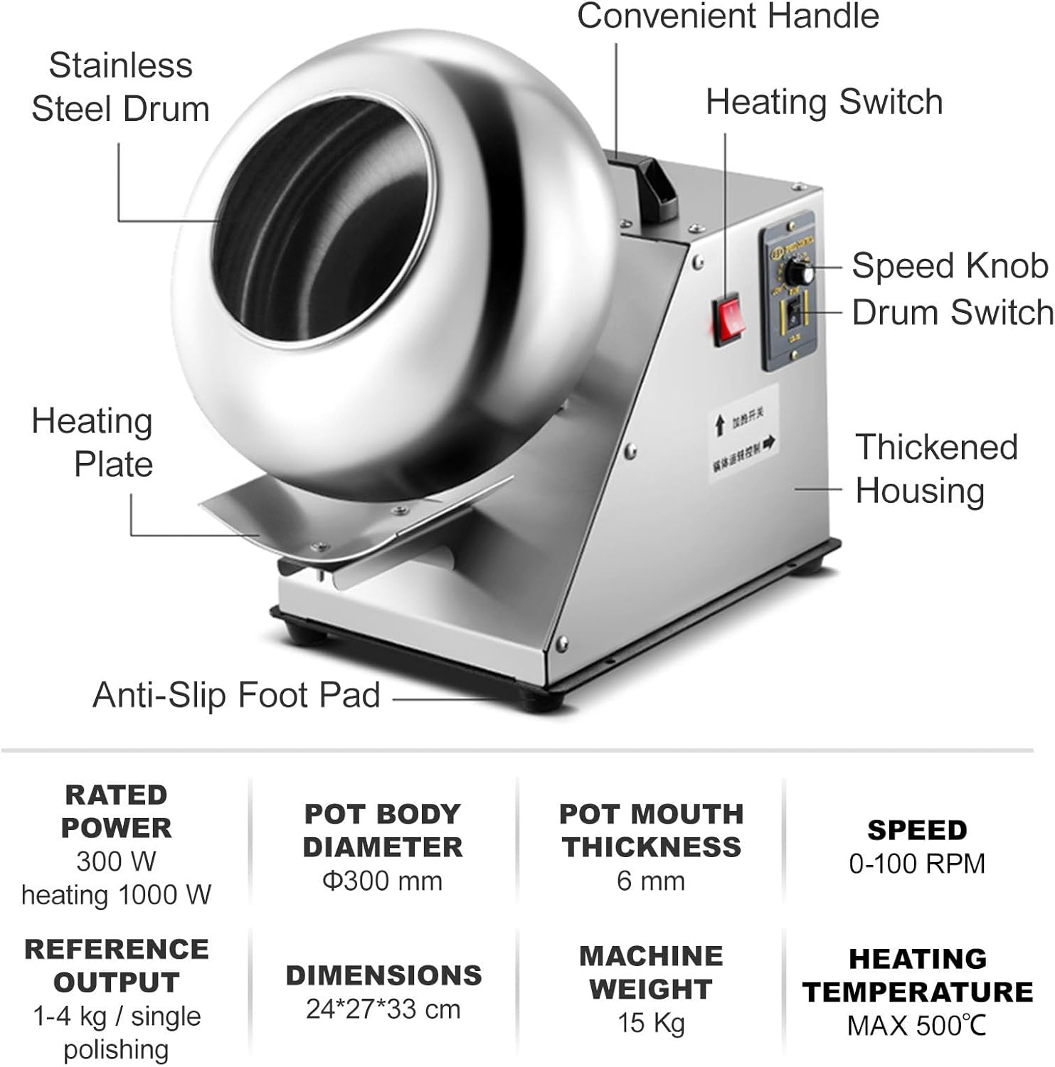 Sugar Coating Chocolate Polishing Machine | Electric Nuts & Food Drum Mixer | Chocolate Panning Machine with Hair Dryer | Stainless Steel Pot Body | Output:1-4kg/Time | Adjustable Speed