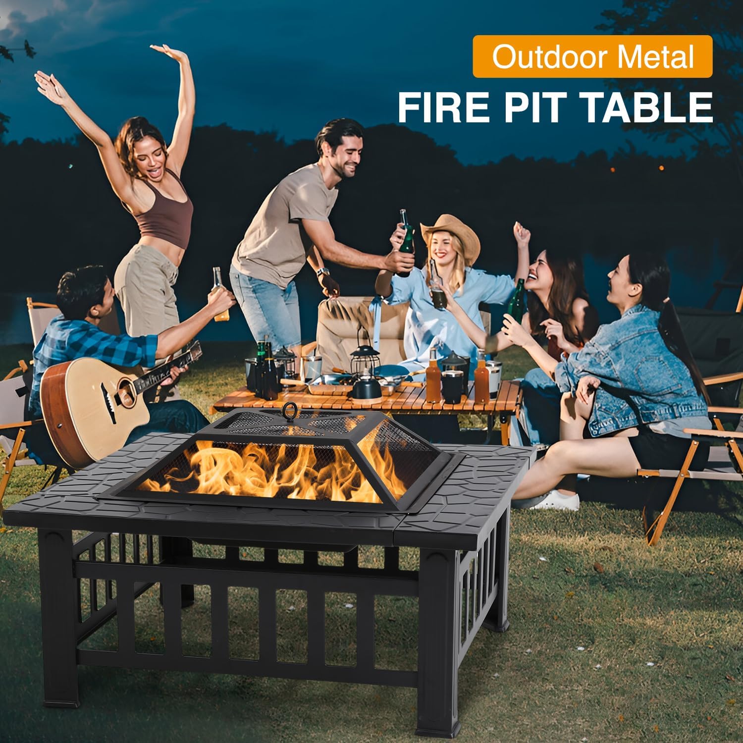 Fire Pit Table Square Metal Firepit Stove Backyard Patio Garden Stove Fireplace Mesh Cover Poker for Camping, Outdoor Heating, Bonfire and Picnic,32in