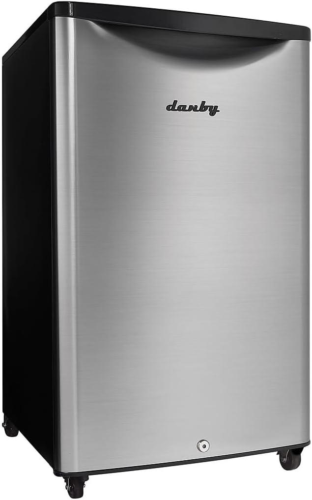 Danby DAR044A6BSLDBO 4.4 Cu.Ft. Outdoor Mini Fridge, IPX4-Rated Stainless Look All Refrigerator for Patio, Cabana, Pool Bar, E-Star Rated, Spotless Steel