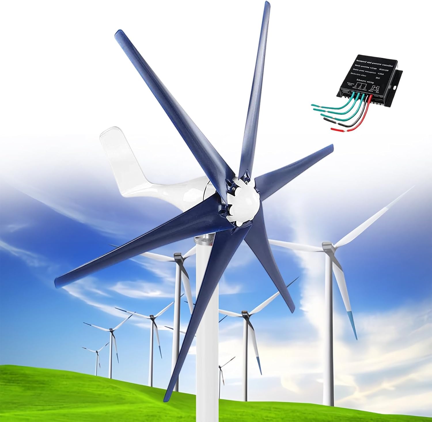 12000W Wind Generator Kit 12V/24V/48V 5 Blade Industrial Machinery Machine Professional Wind Turbines Small Windmill Generator with MPPT Controller for Marine Home Charging,Navy-48V