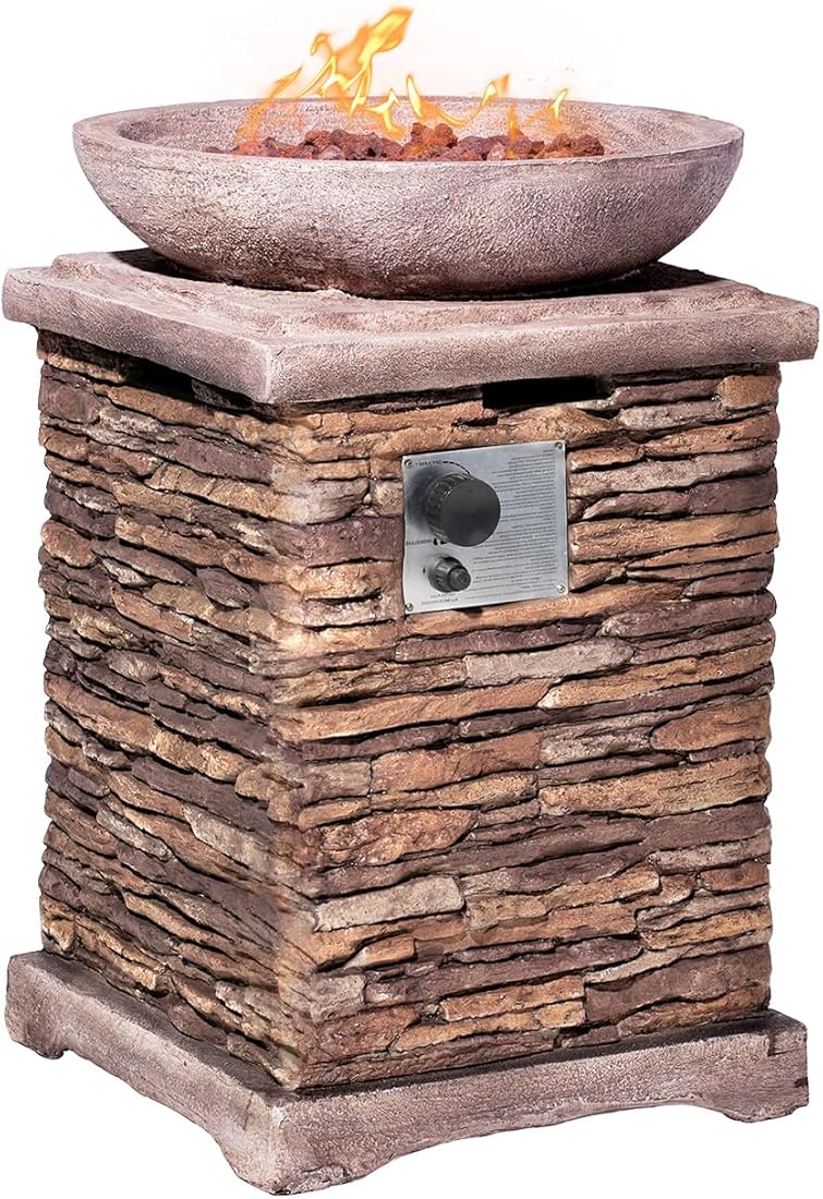 AQUILLA Propane Gas Fire Pit, Stone Imitation Surface, Outdoor 40000 BTU Heater w Free Lava Rocks and Rain Cover, Can Fits 20 Gal Propane Tank (exclud) Inside for Garden, Poolside, Backyard