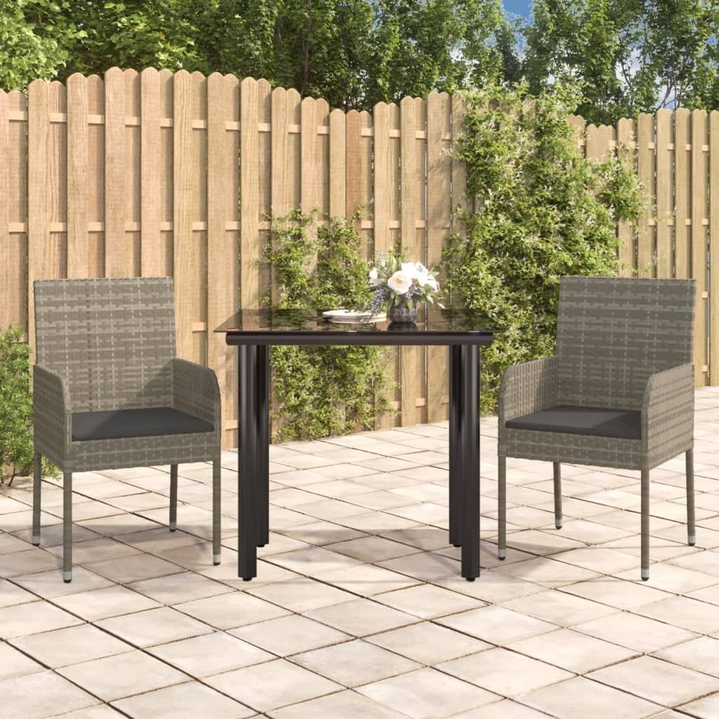 3 Piece Patio Dining Set with Cushions Black and Gray Poly Rattan Garden Furniture