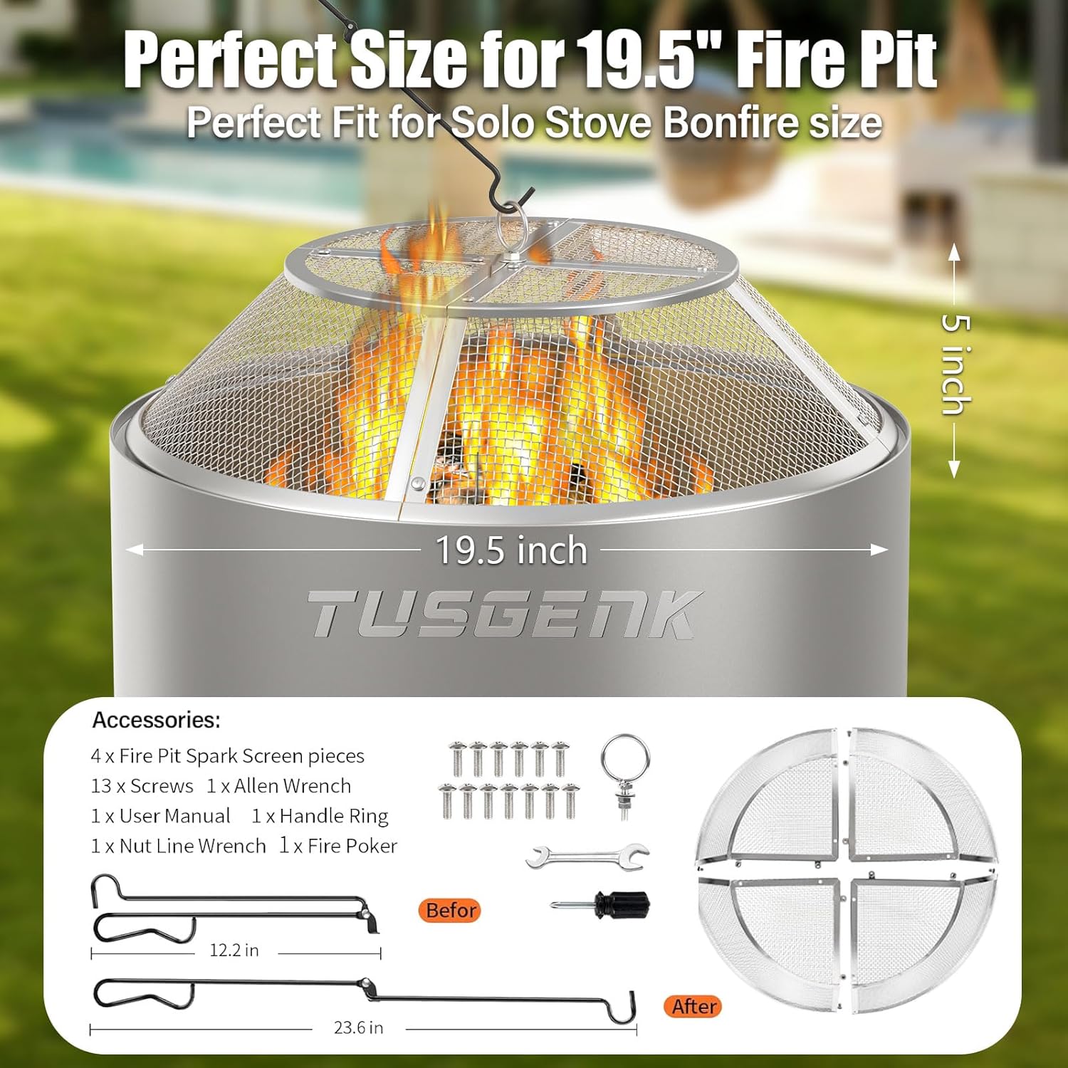 Fire Pit Spark Screen for Solo Stove Bonfire Accessories, 19.5 Inch Bonfire Shield for Solo Stove Accessories, 304 Stainless Steel Detachable Mesh Fire Pit Spark Protector with Grill Function