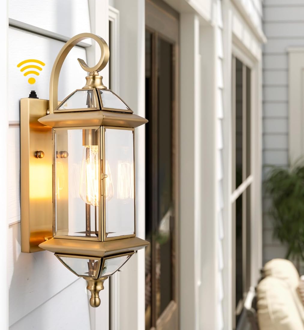 18.5''H Dusk to Dawn Sensor Outdoor Wall Light Fixture Golden Copper Porch Light with Tempered Glass Exterior Lighting Wall Mount for Garage,Porch,Patio,Oil-Rubbed Brass,E26 Socket,1 Pack