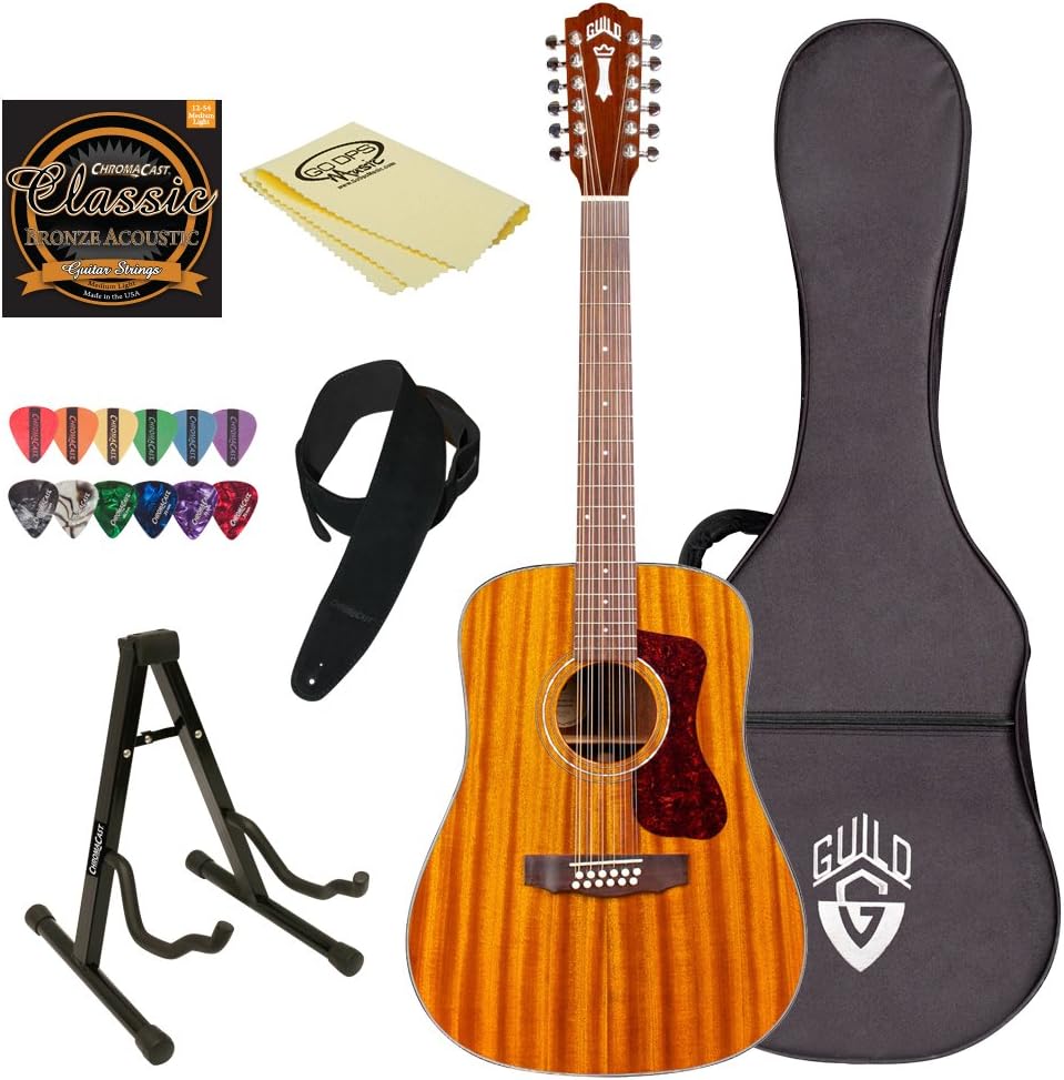 Guild Guitars Guild D-1212E 12 String Acoustic-Electric Dreadnought All Mahogany Guitar with Polyfoam Case and Accessories, Right Handed NAT-KIT-2