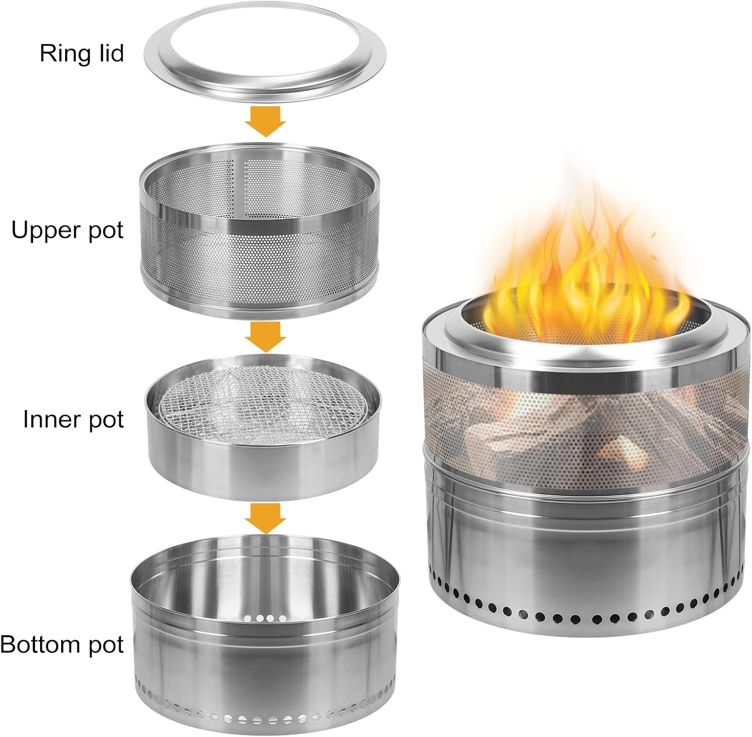 Outdoor Portable Smokeless Firepit, Stainless Steel Wood Burning BBQ Firepit with Ash Tray, Detachable Bonfire Firepit for Outside Camping, Backyard, Patio, Picnic 50 cm