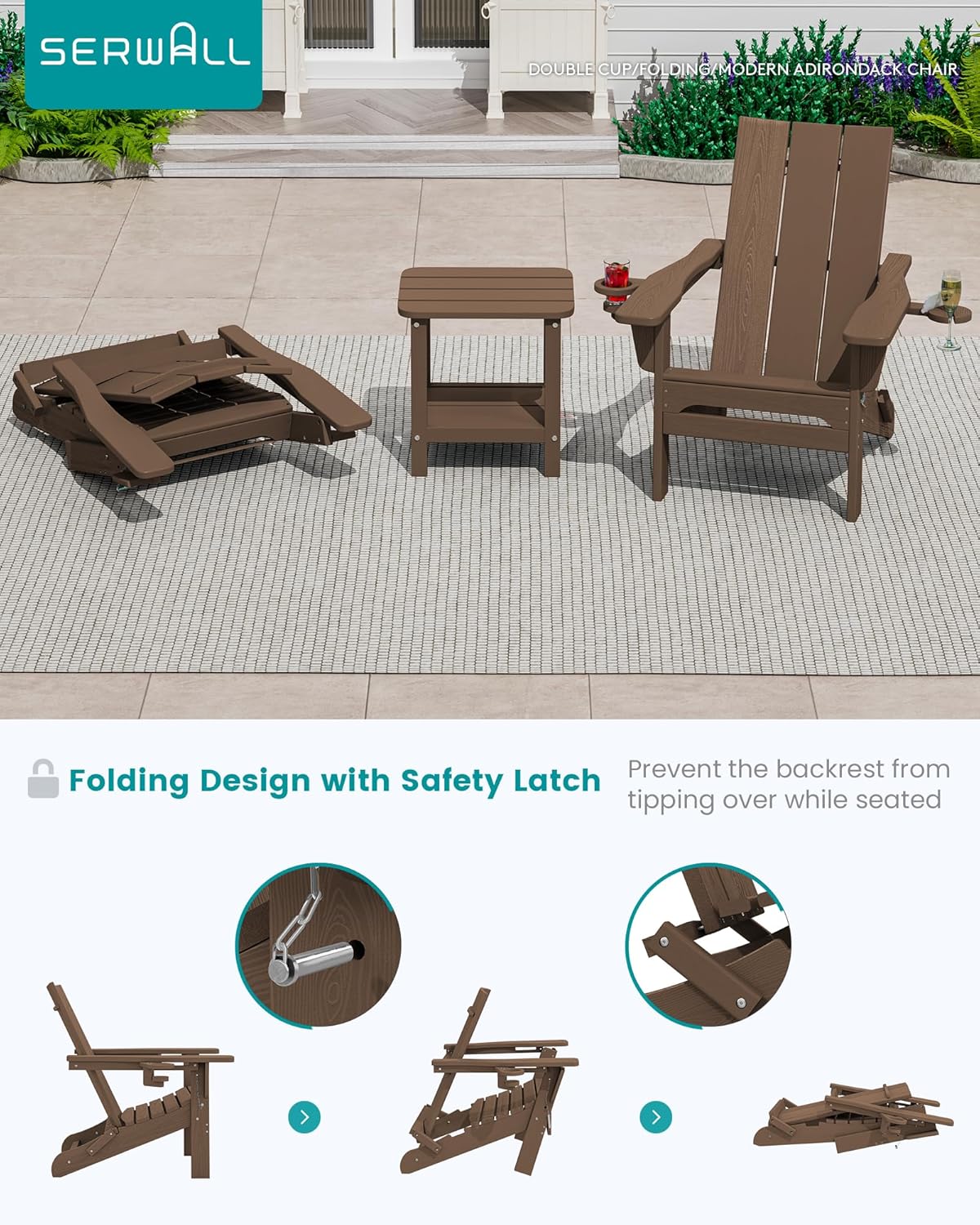 SERWALL Modern Adirondack Chair, Folding Adirondack Chair with Cup Holders, Outdoor HDPE Fire Pit Chair for All Weather Use, Brown