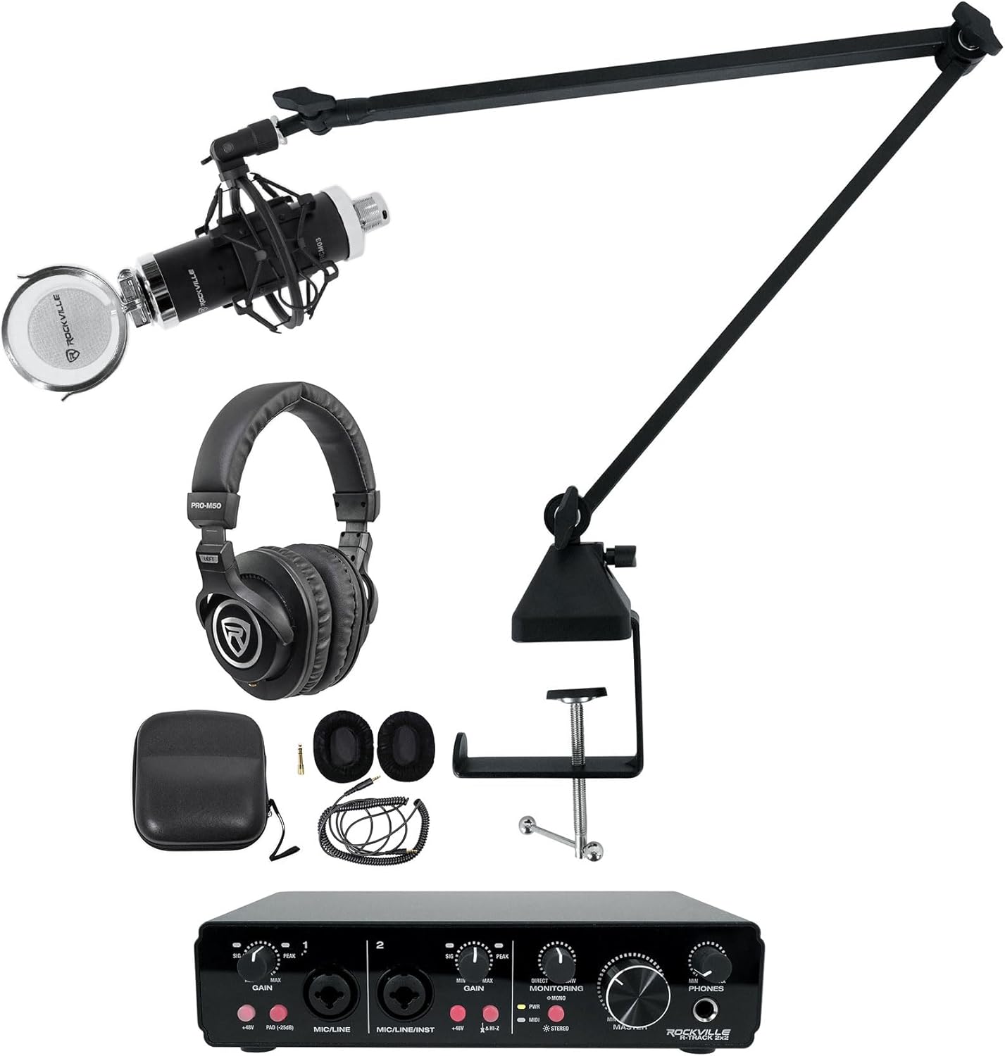 Rockville R-TRACK 2x2 Bundle: USB Recording Interface 24-Bit 192kHz with 2 Mic-Pres, RCM03 Condenser Microphone with Shock Mount, PRO-M50 Studio Headphones, R-BOOM 34 Boom Arm Stand, 4-items