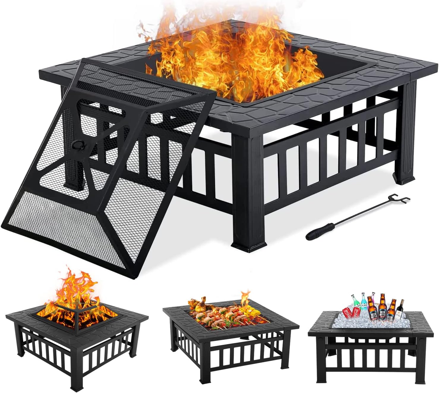 Fire Pit 32 inch Fire Pits for Outside Firepit Multi-Purpose Metal Fire Pit Outdoor Wood Burning Fire Pit Table with Spark Screen & Safety Poker for Camping, Picnic, BBQ, Backyard, Patio