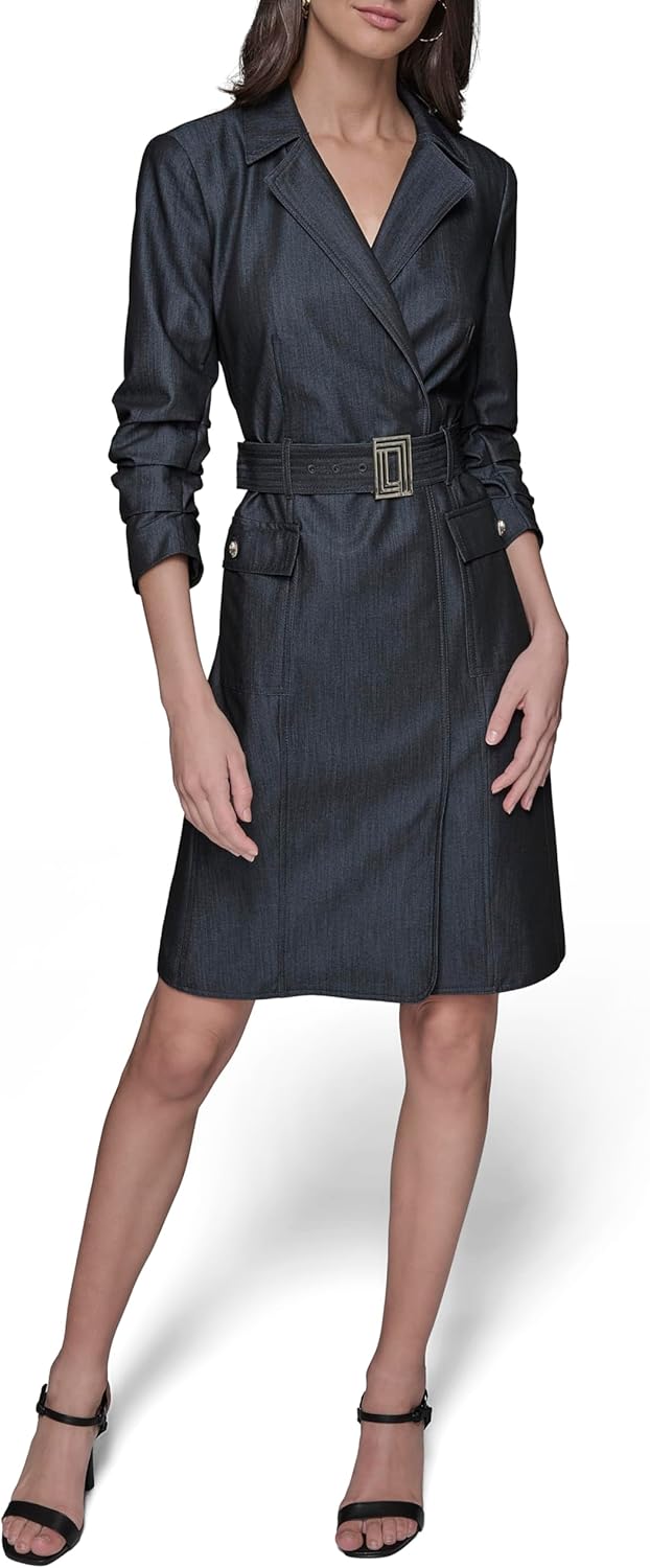 Karl Lagerfeld Womens Collared Belted Long Sleeve Midi Dress