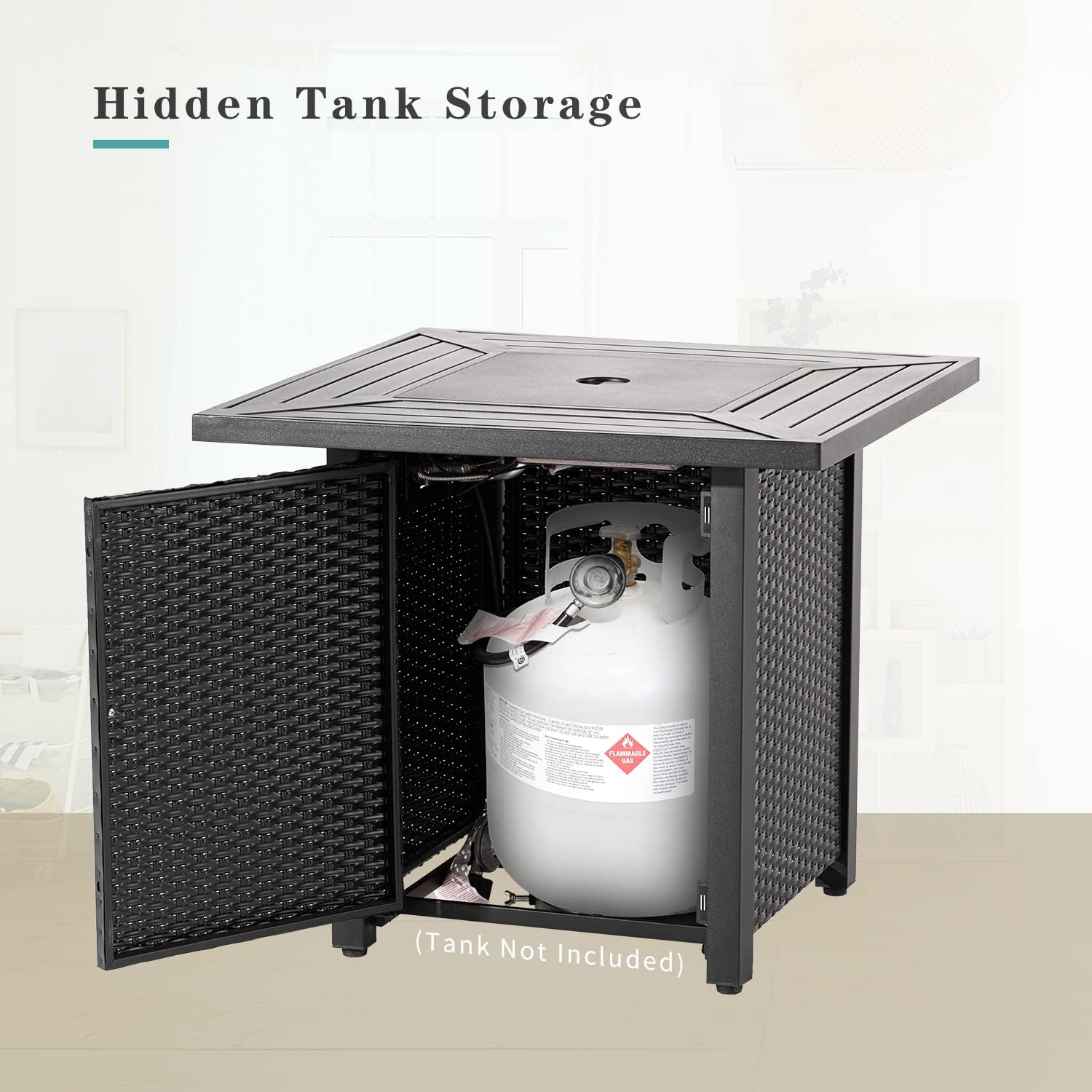 Outdoor Propane Fire Pit Table, 31 Inch 40,000BTU Black Brown Square Iron Gas Fire Table w Lid, Lava Rocks, Cover