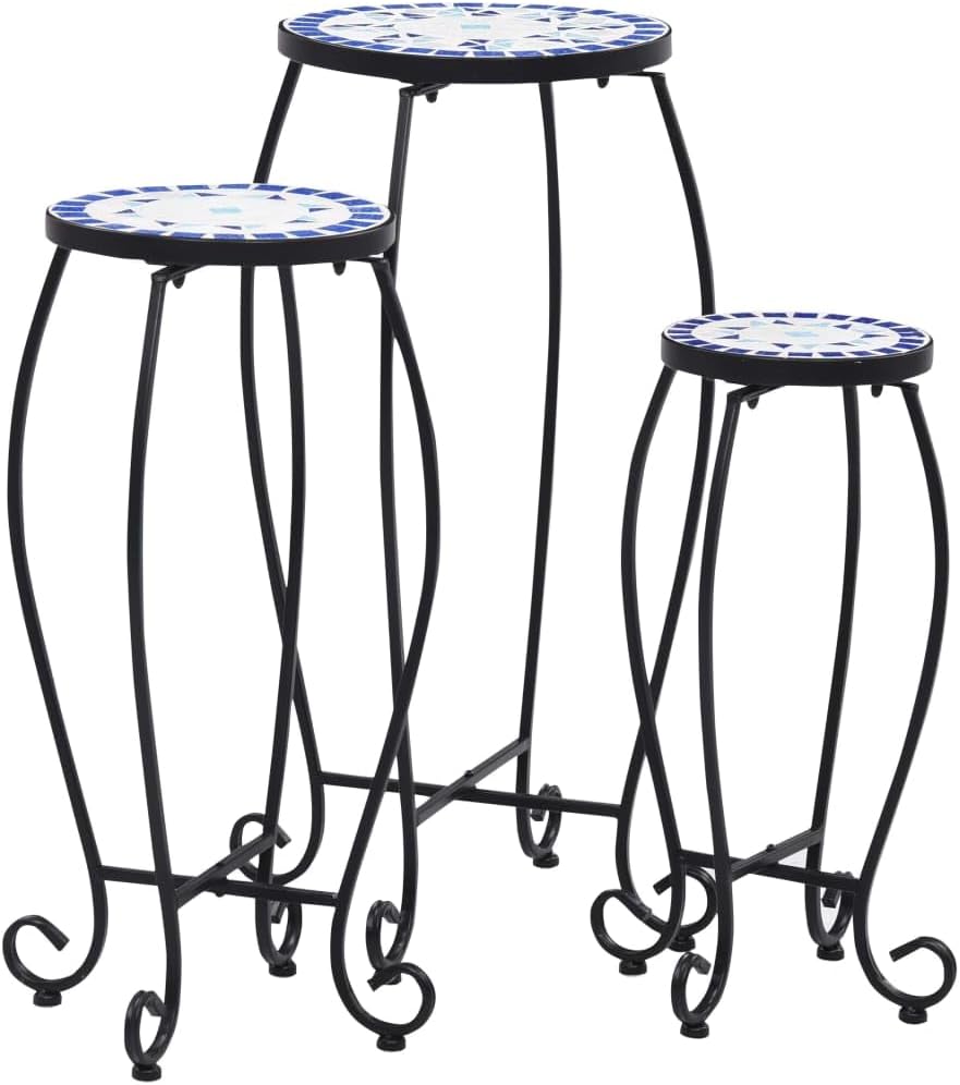 Mosaic Tables 3 pcs Blue and White Ceramic,Versatile Mosaic Table for Balcony, Garden, and Patio Plant Stands, Plant Container Accessories